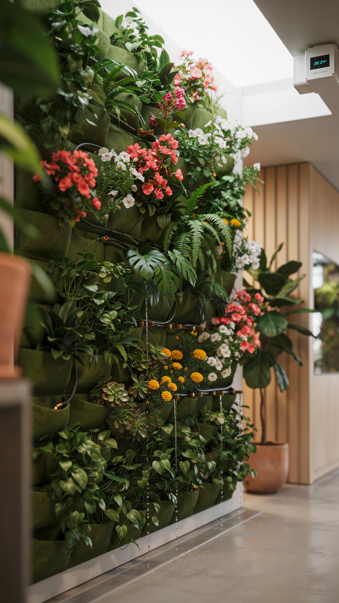 A vibrant indoor vertical garden is seen from a slight angle, featuring a lush assortment of green plants and colorful flowering plants in various sha