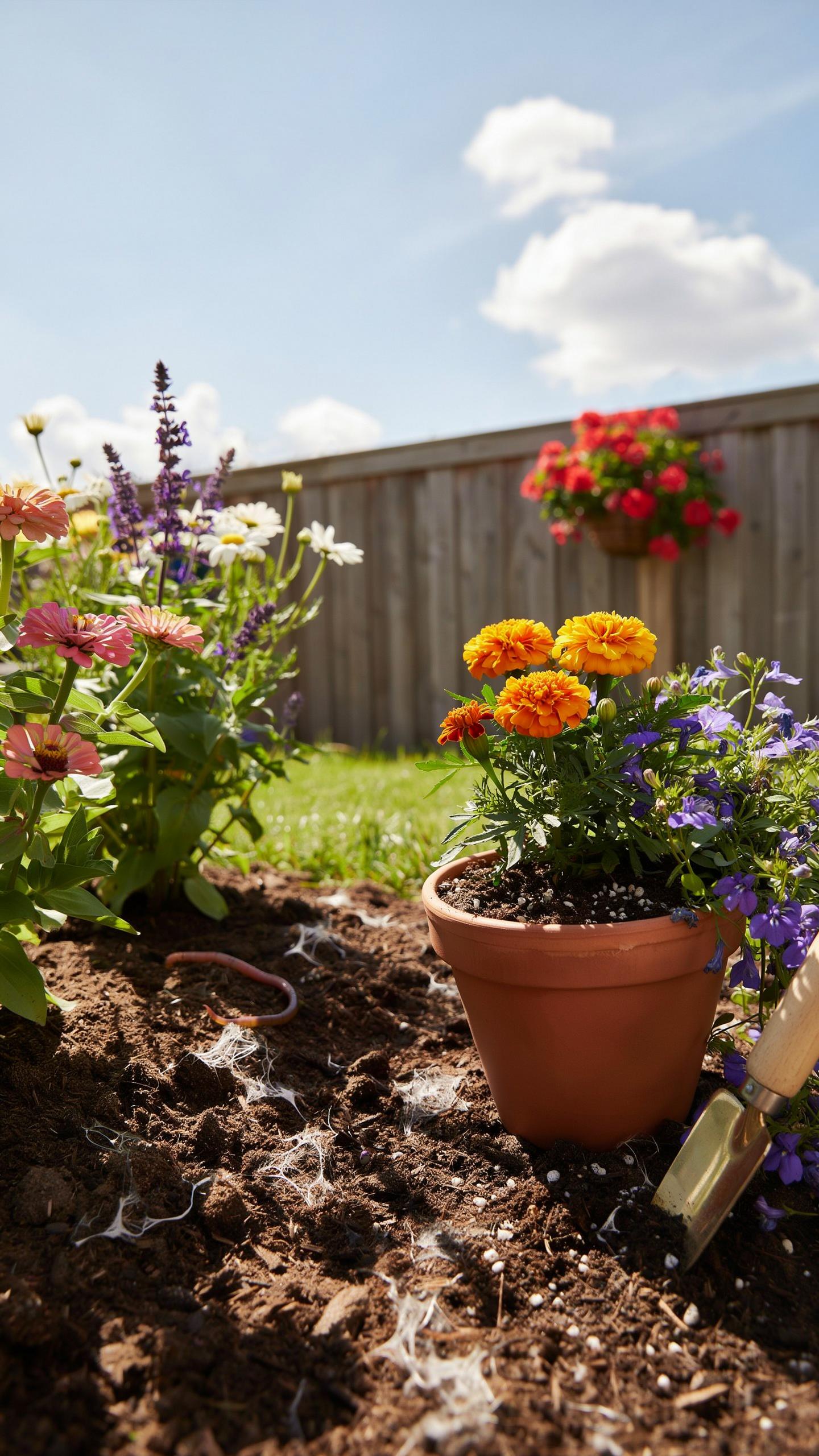 A close-up view of freshly turned soil with a terracotta pot containing orange and purple flowers, a small gardening trowel, and a flower bed with var