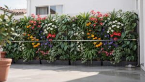A vibrant vertical garden filled with a variety of colorful flowering plants and lush green foliage is mounted against a white wall on an outdoor pati