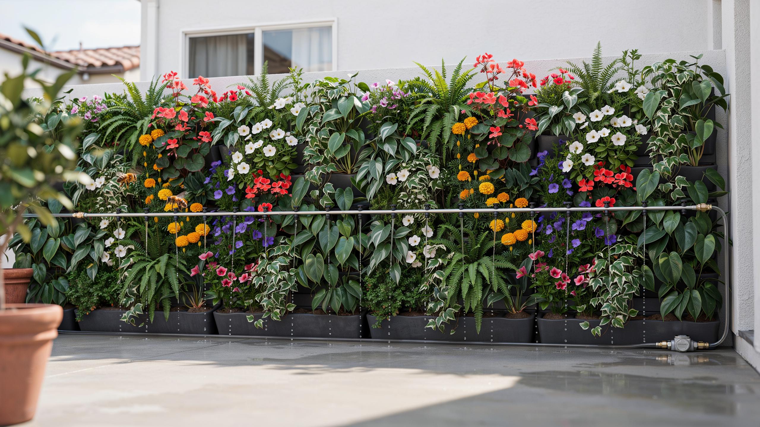 A vibrant vertical garden filled with a variety of colorful flowering plants and lush green foliage is mounted against a white wall on an outdoor pati