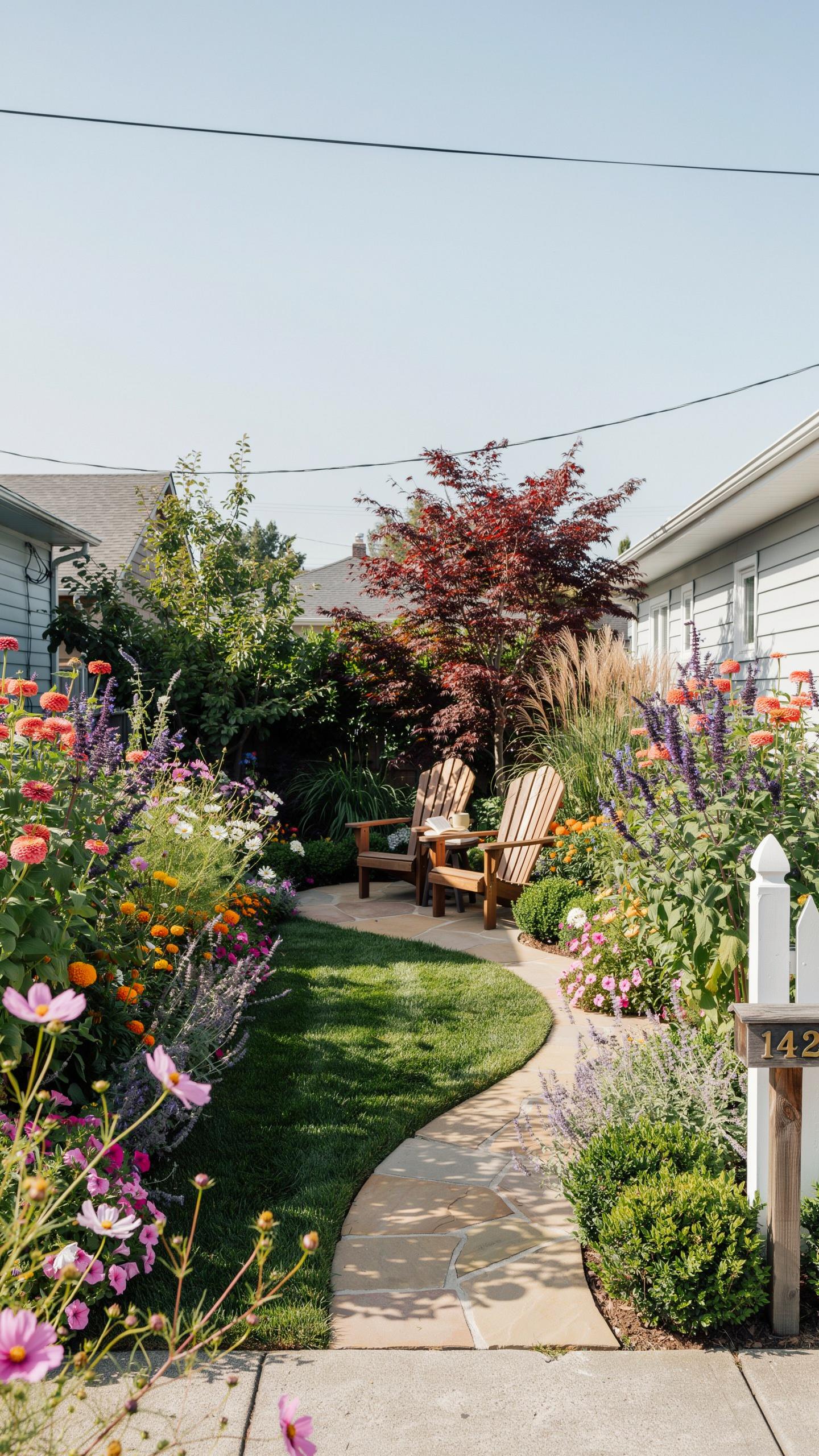 A narrow, sunlit backyard garden path curves through vibrant flowerbeds leading to two wooden Adirondack chairs nestled under a red Japanese maple tre