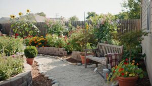 A vibrant backyard garden features a winding gravel path, raised flower beds bursting with colorful blooms, a wooden bench with a striped blanket, and