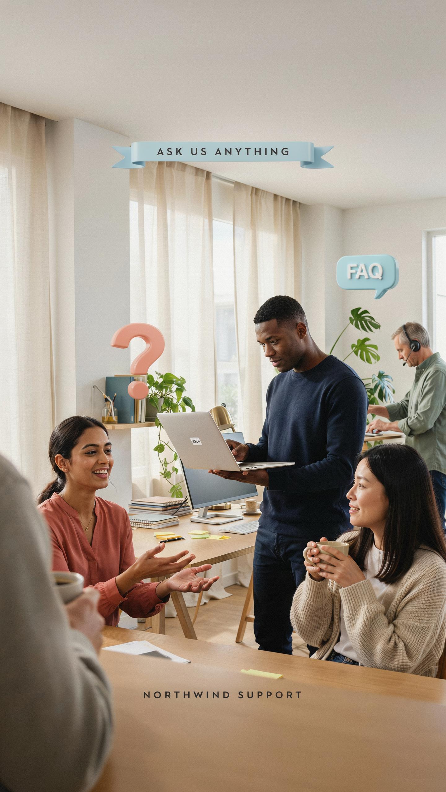 Four diverse people are gathered around a wooden table in a bright, modern office, engaged in conversation; two more people are visible in the backgro