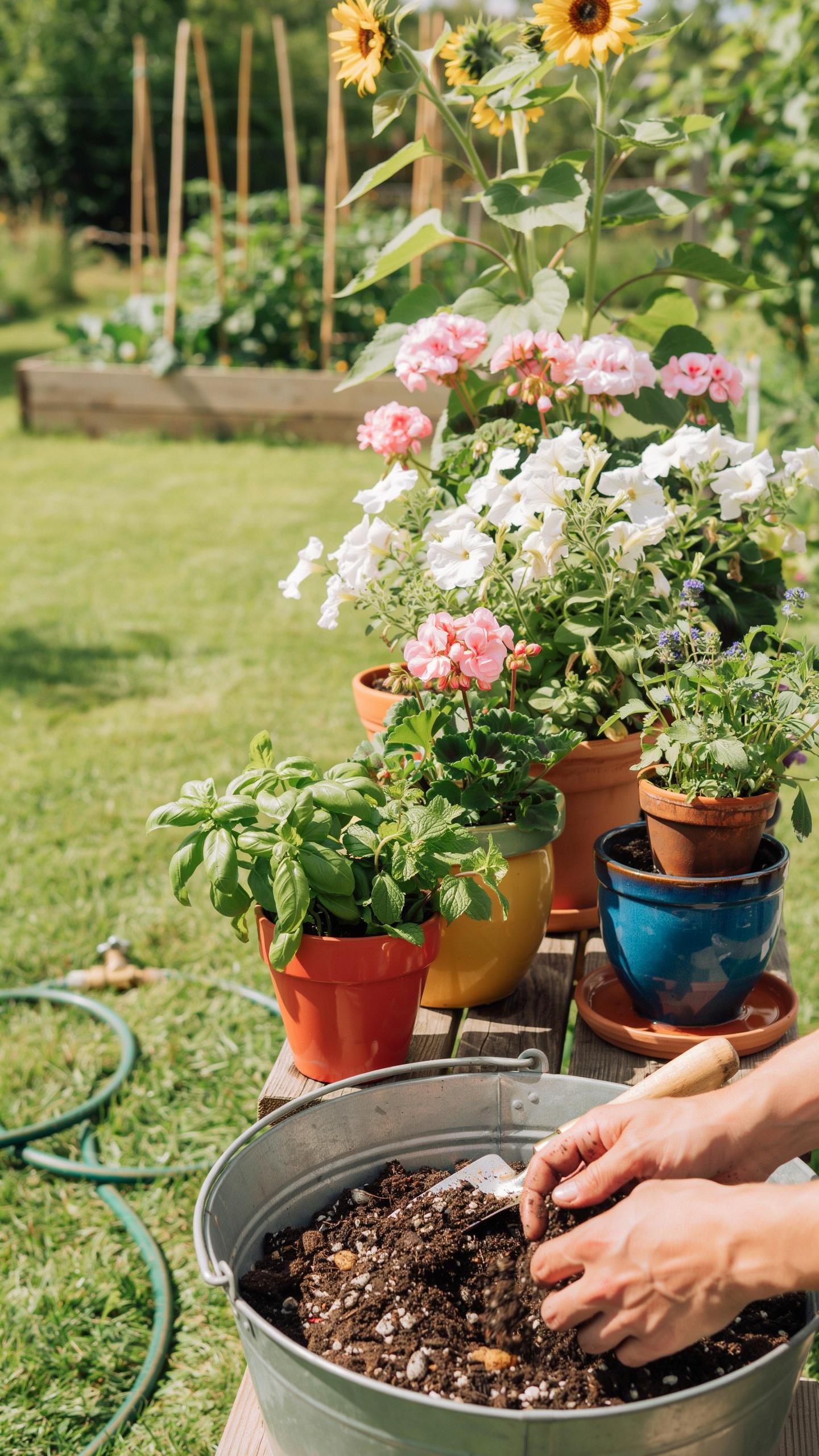 A person's hands are visible at the bottom right, working with soil in a large metal bucket, surrounded by potted plants and a garden scene on a sunny