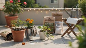 A variety of gardening supplies including potted plants, bags of peat moss and perlite, gardening gloves, a trowel, and a watering can are arranged on