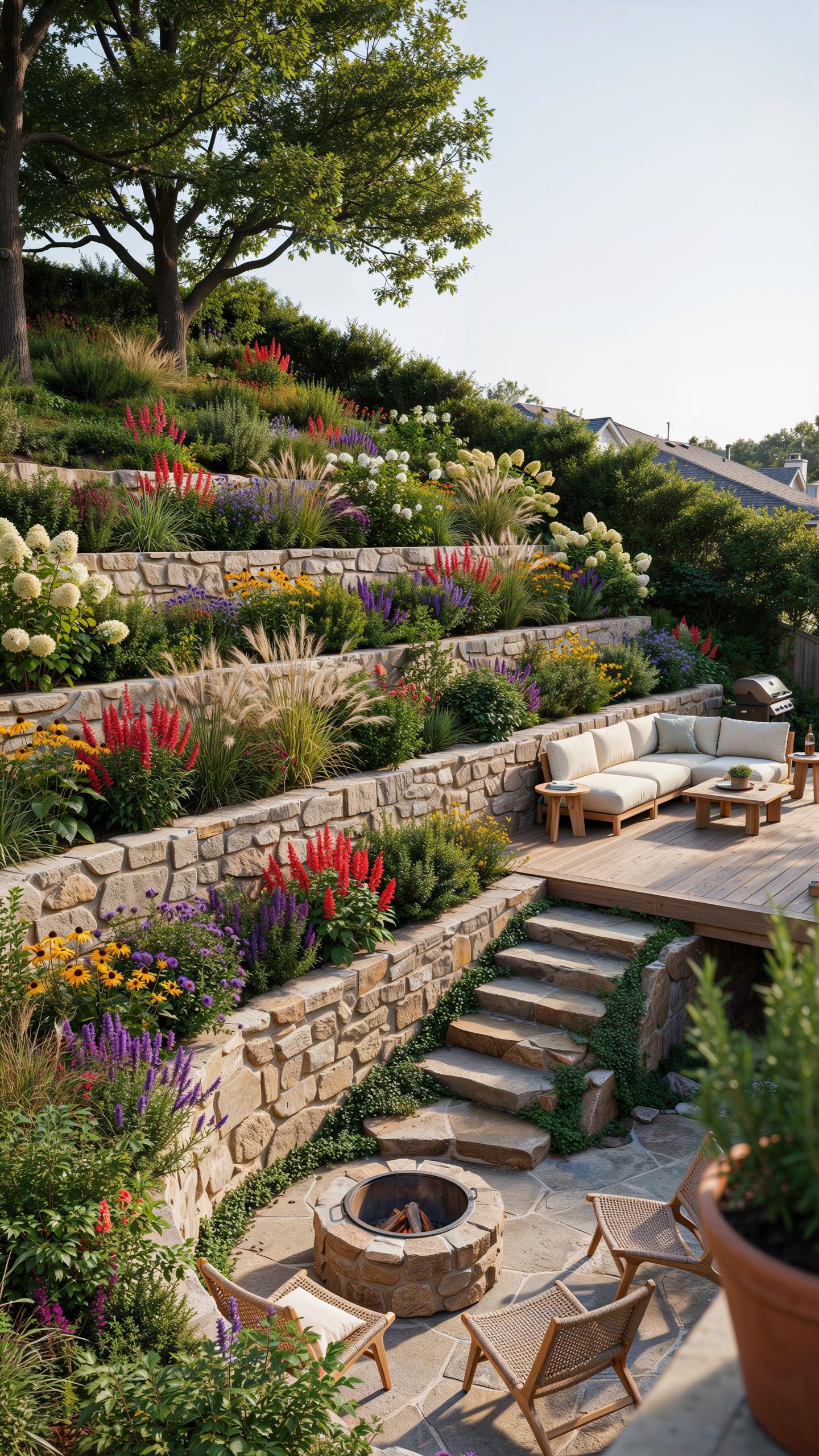 A beautiful terraced garden with stone retaining walls, colorful flowers, lush greenery, and a multi-level outdoor living space featuring a fire pit a