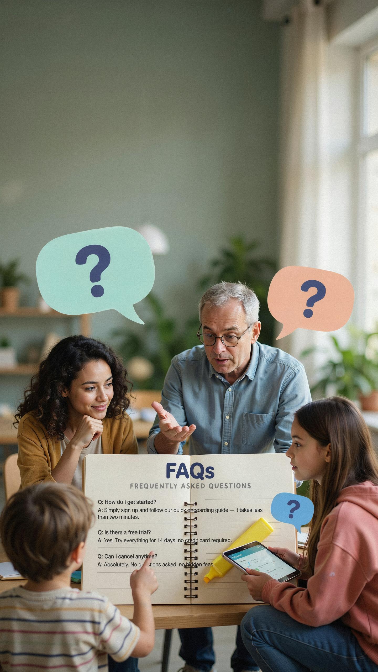 Four people, including two adults and two children, gather around a wooden easel displaying a list of FAQs, with thought bubbles featuring question ma