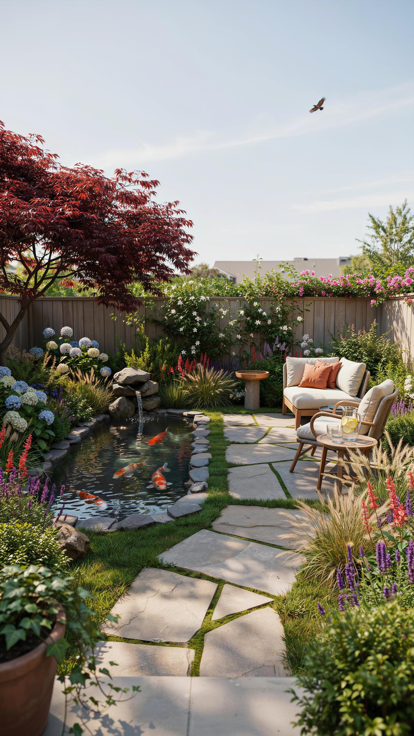 A lush and vibrant backyard garden features a koi pond with a small waterfall, flanked by a winding flagstone path and colorful flower beds under a cl