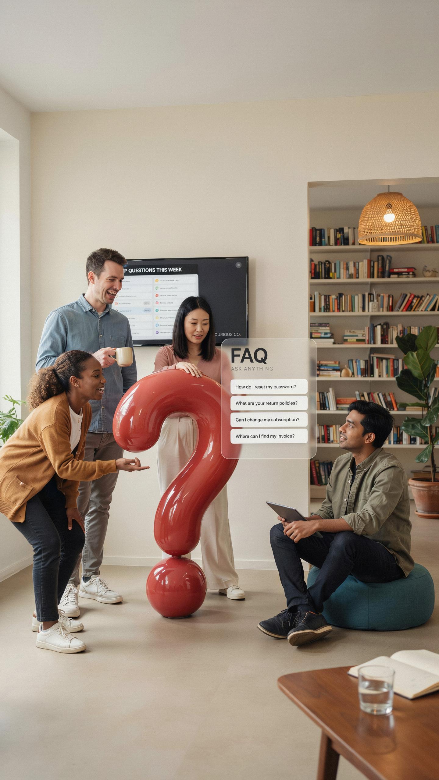 Four diverse people gather around a large red inflatable question mark in a modern office space, with a man on the right sitting on a blue pouf holdin