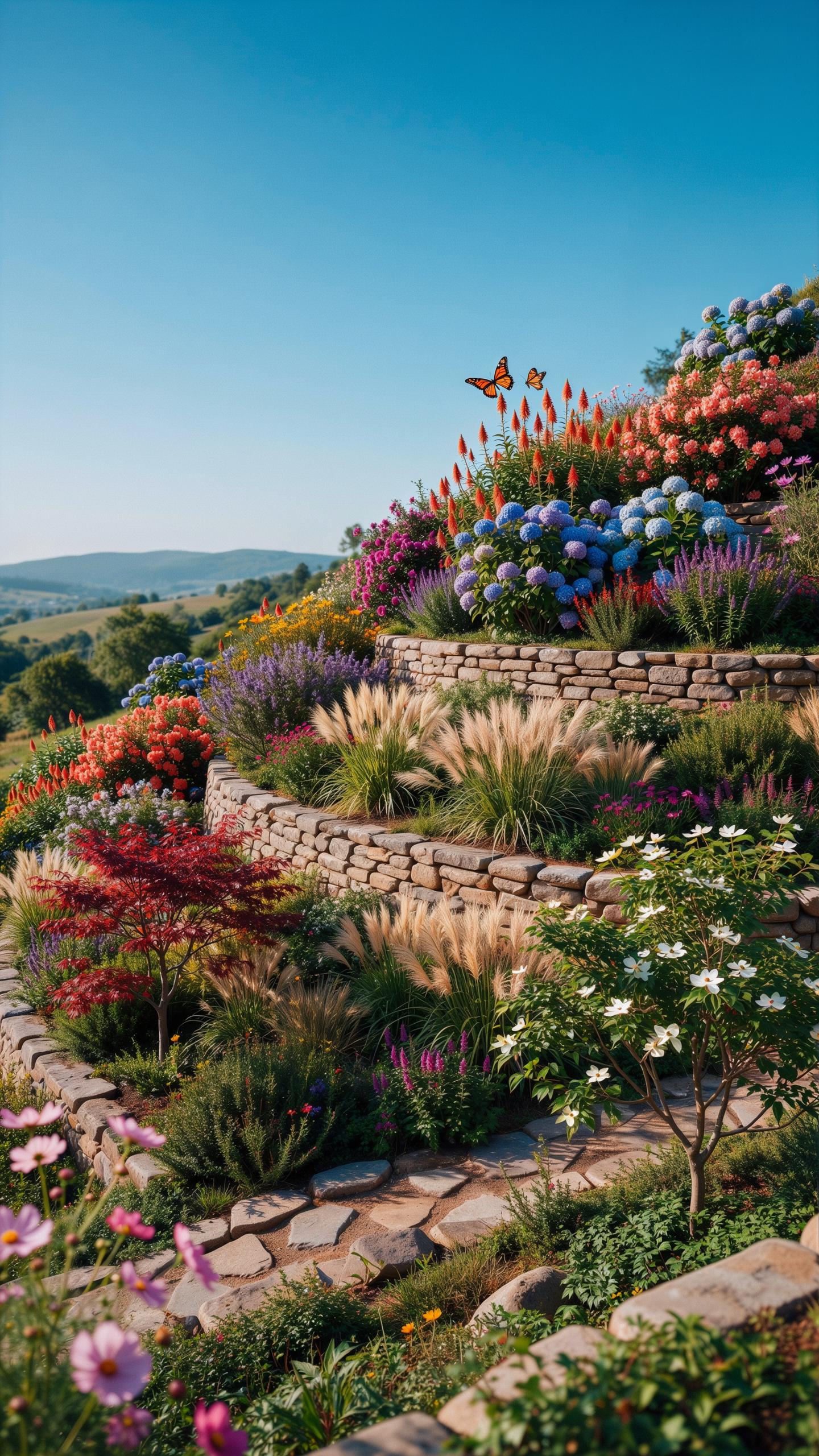 A vibrant terraced garden descends a hillside under a clear blue sky, featuring stone walls, colorful flowers, and lush greenery with a butterfly in t