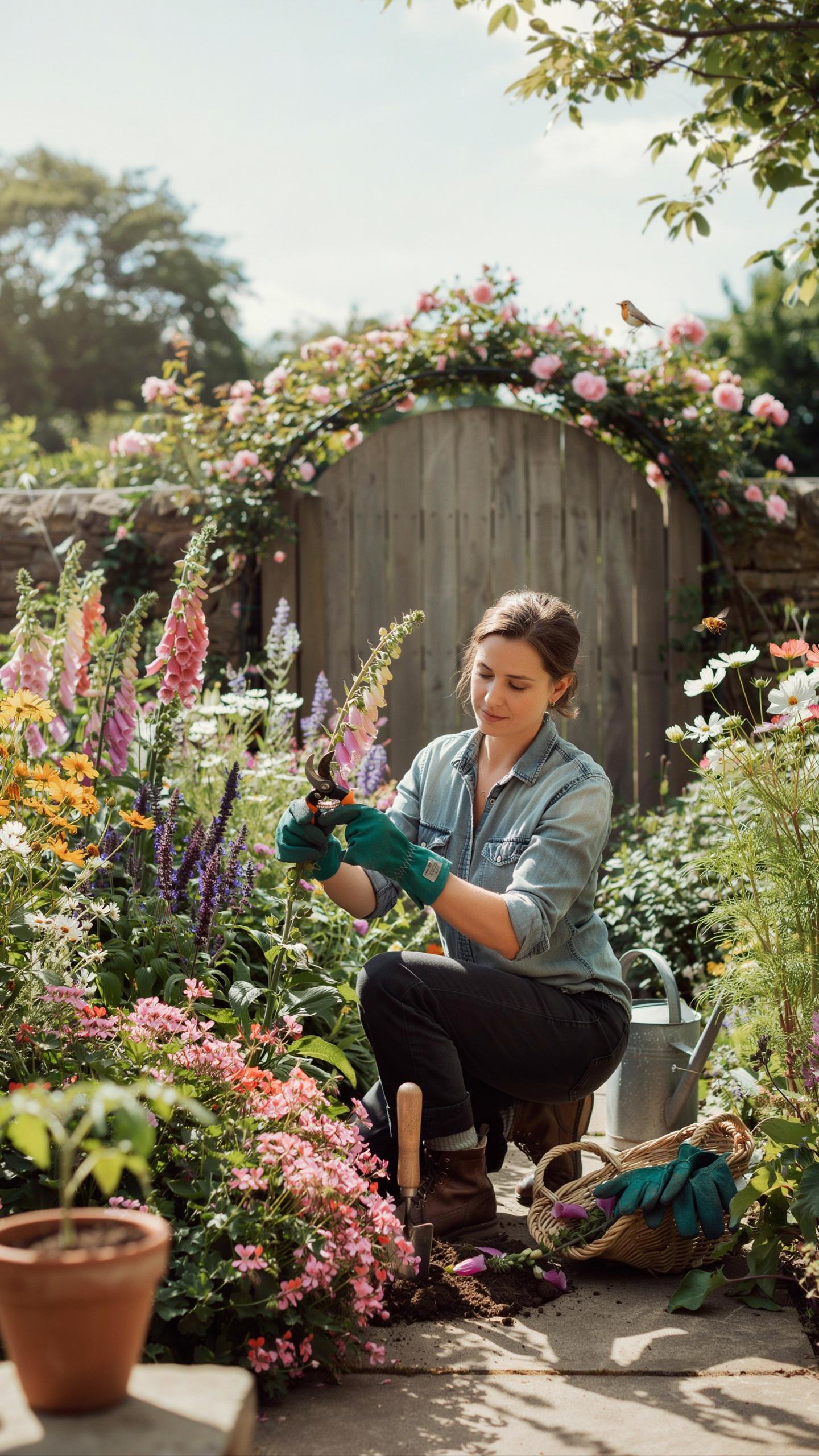 A woman with dark hair, wearing a denim shirt, dark trousers, and green gardening gloves, kneels on a stone path, tending to a purple flower in a lush