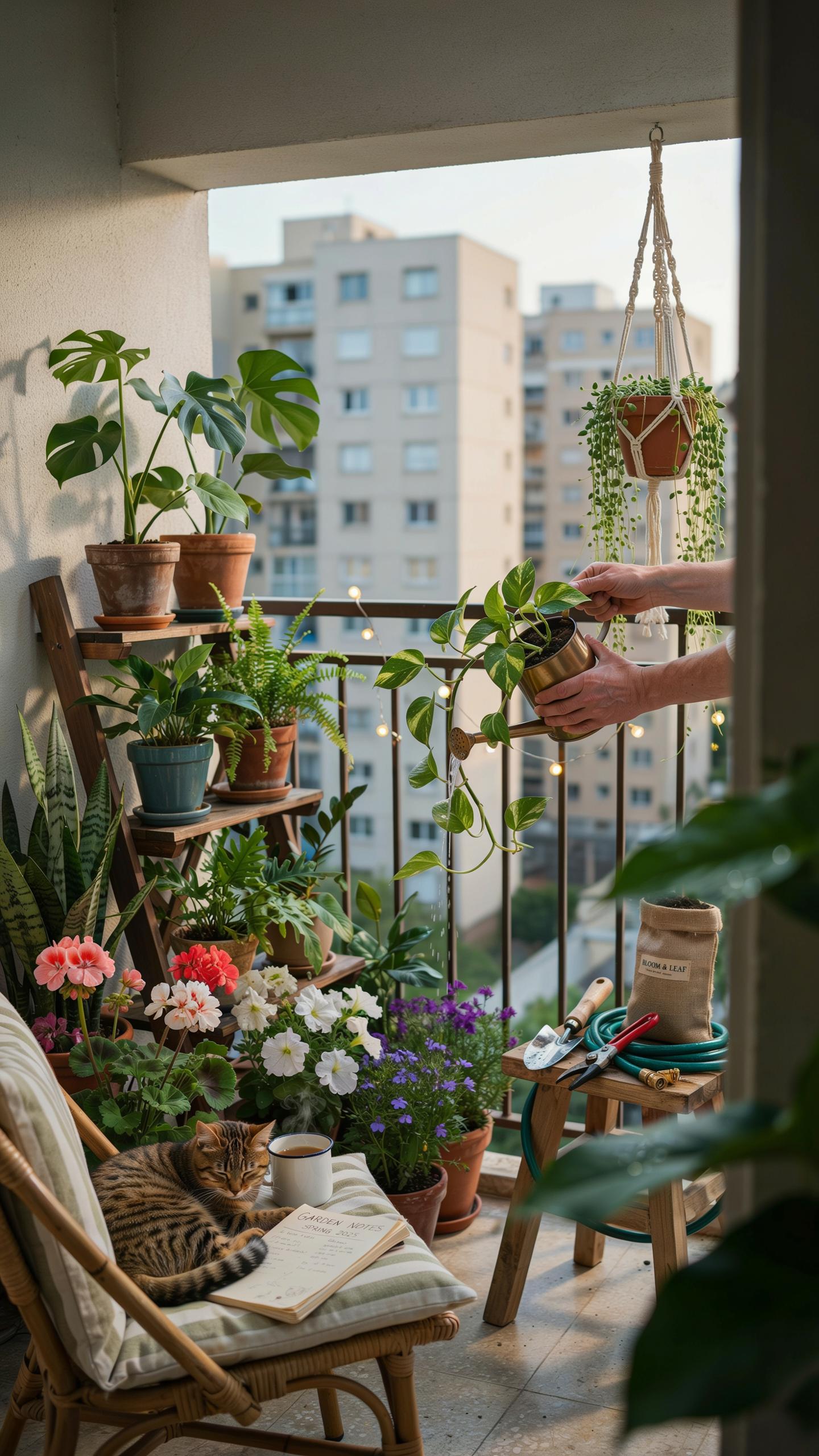 A cozy, plant-filled apartment balcony features a cat sleeping on a wicker chair, various potted plants and flowers, and hands tending to a hanging pl