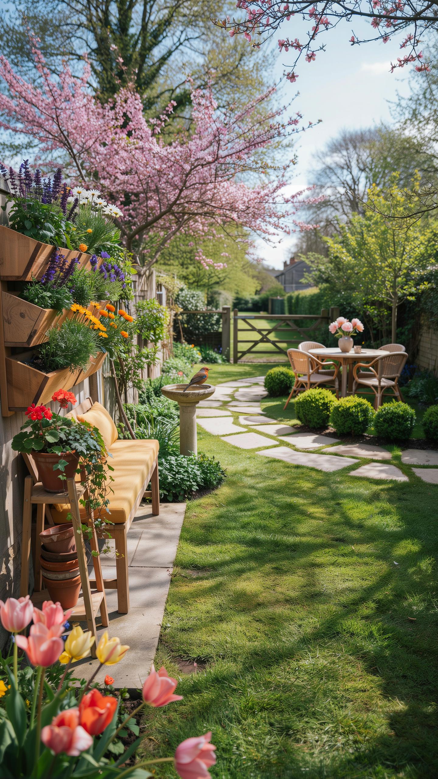 A vibrant garden path stretches into the distance, lined with blooming flowers, a wooden bench, and a birdbath, leading to an outdoor dining area unde