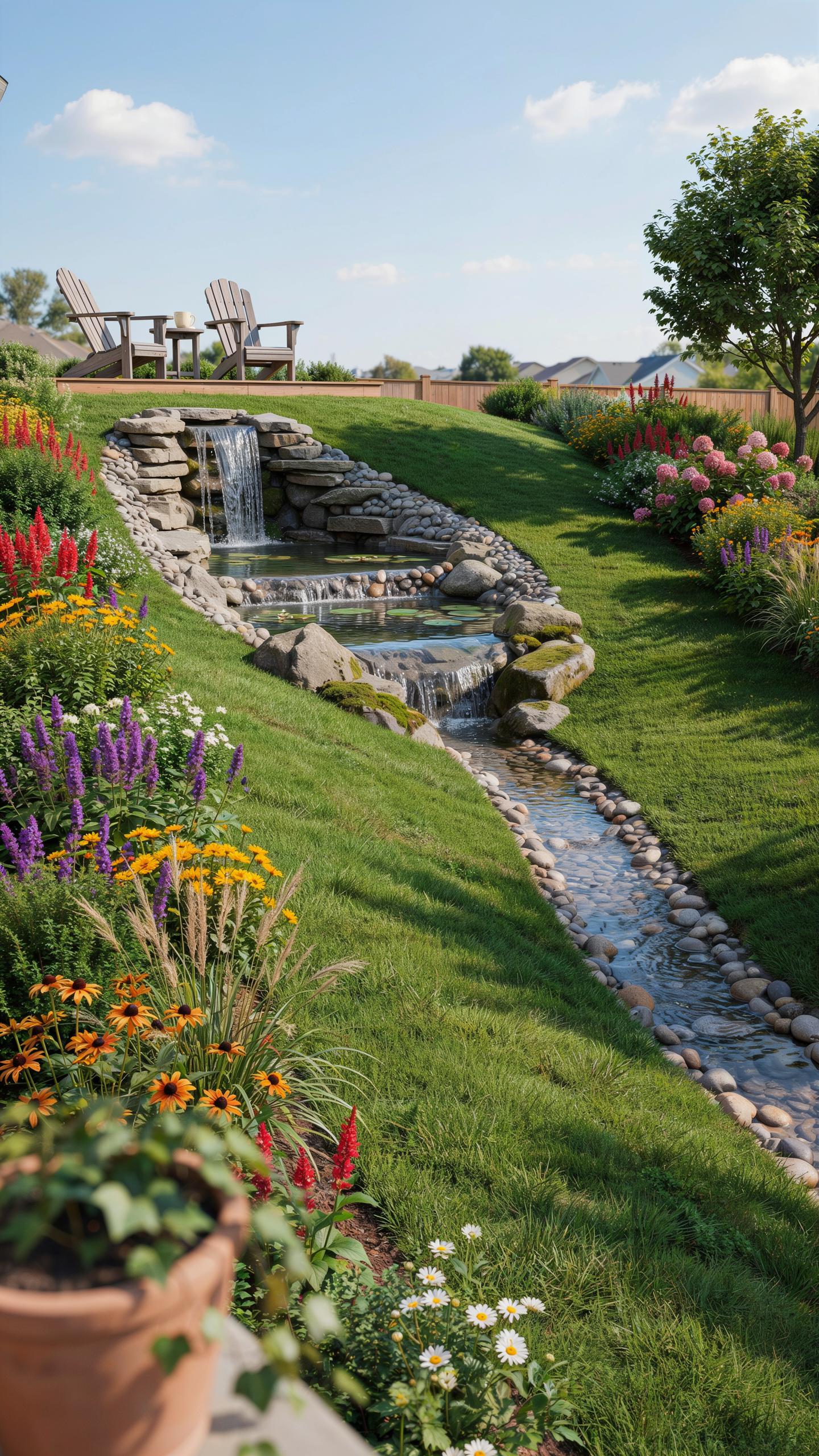 A lush, vibrant garden features a multi-tiered rock waterfall cascading down a green grassy slope, flanked by colorful flower beds in bloom, with two