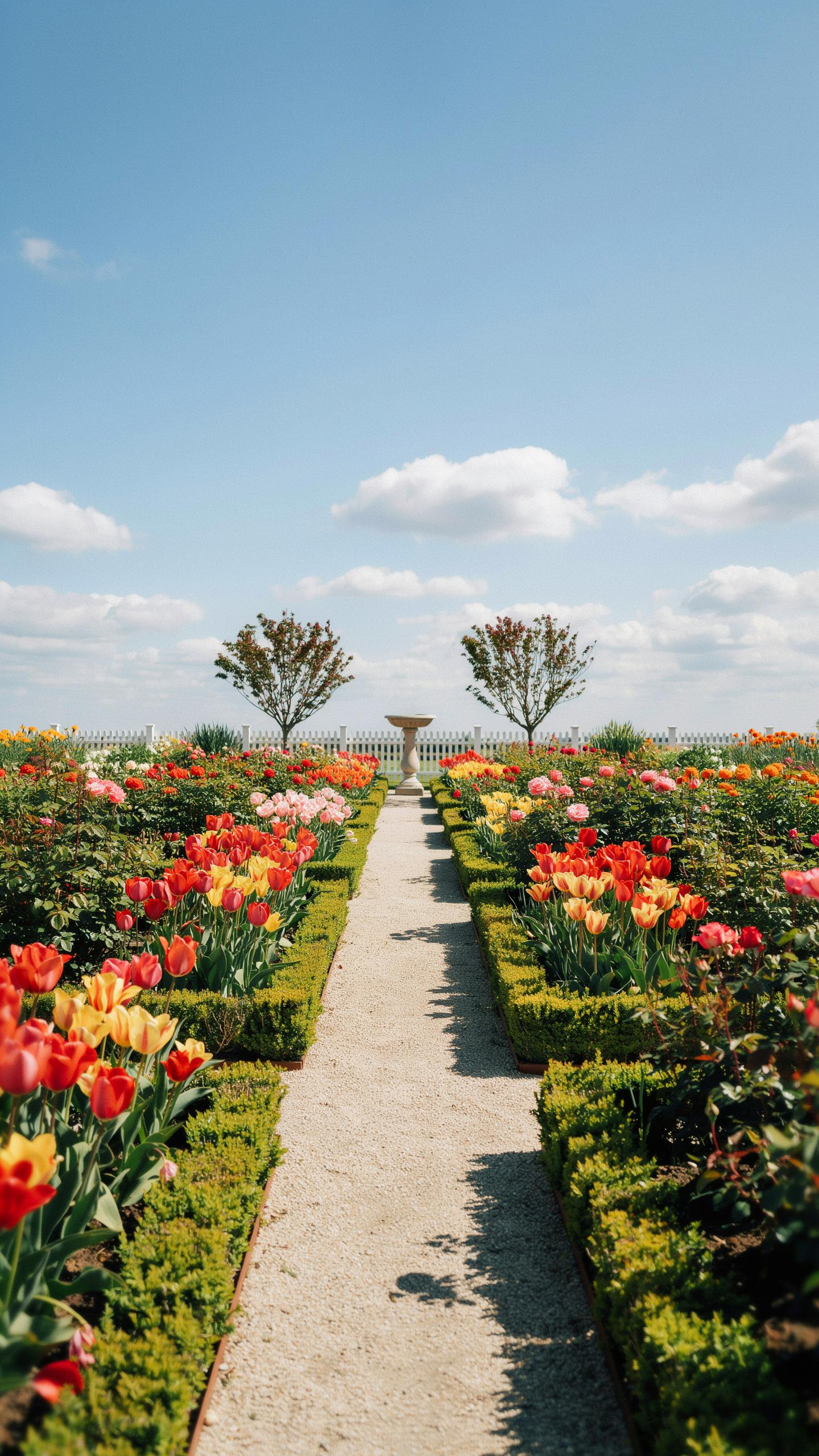 A narrow, light-colored gravel path extends into the distance, flanked on both sides by rows of vibrant red, orange, and yellow tulips, and neatly tri