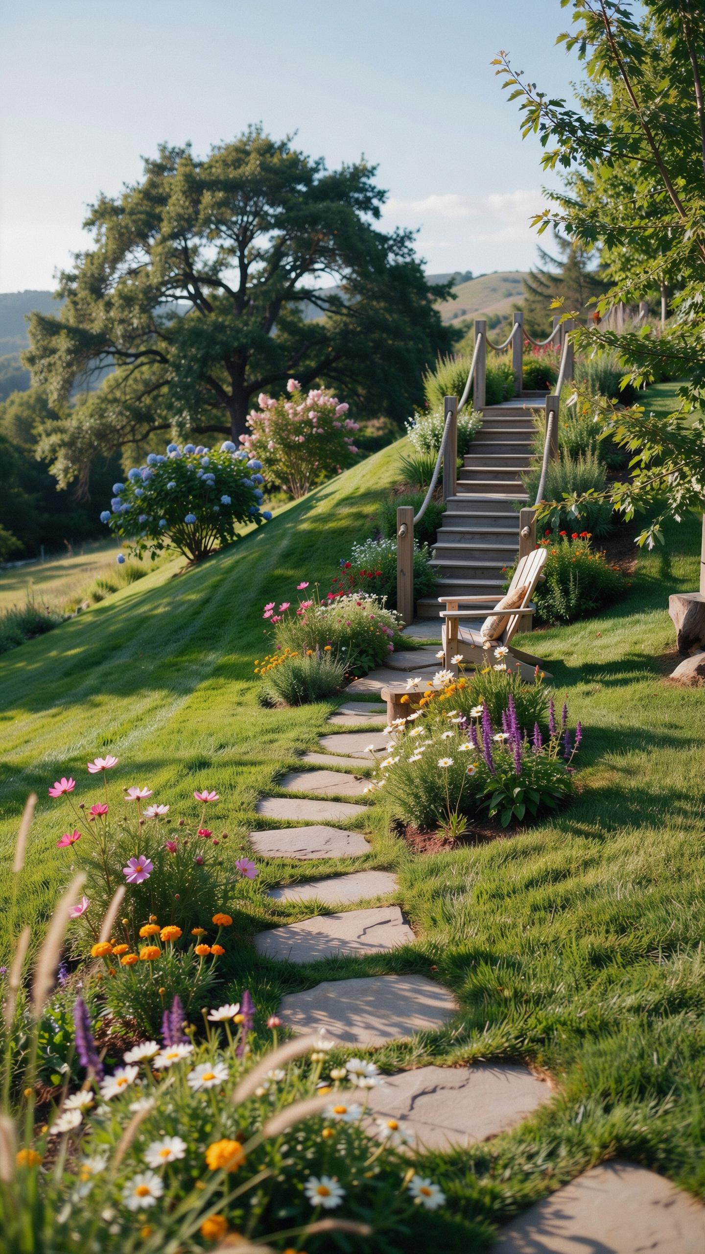 A stone pathway curves through a lush green hillside garden, leading to a long wooden staircase ascending the hill, surrounded by vibrant flowers and