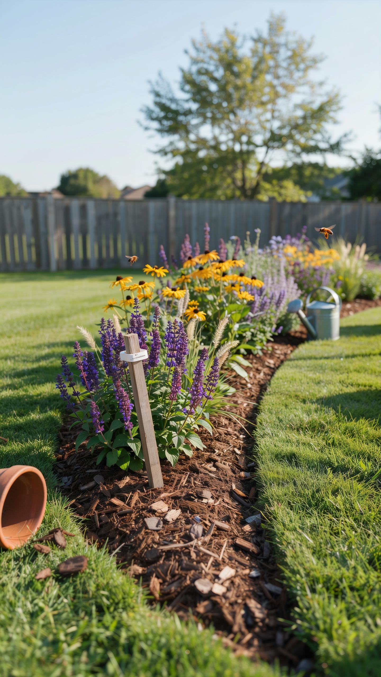 A curved flower bed filled with purple salvia and yellow rudbeckia stretches across a green lawn next to a wooden fence, with an empty terracotta pot