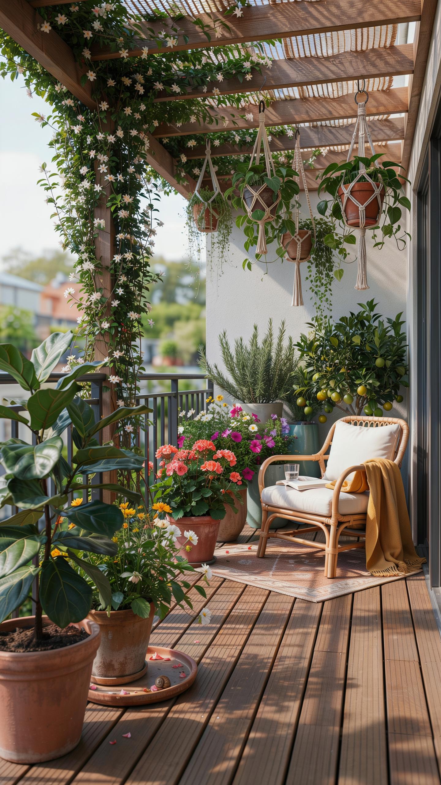 A cozy, sunlit balcony is adorned with numerous potted plants, hanging macrame planters, and climbing vines, featuring a light wood slatted floor and