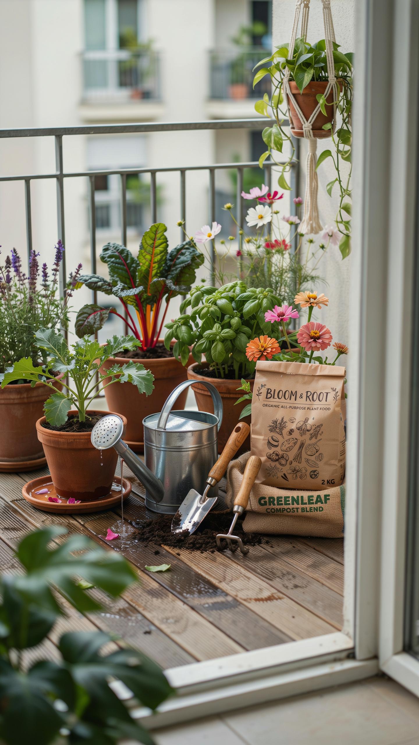 A vibrant balcony garden is set up with various potted plants, including herbs, flowers, and Swiss chard, alongside gardening tools like a watering ca