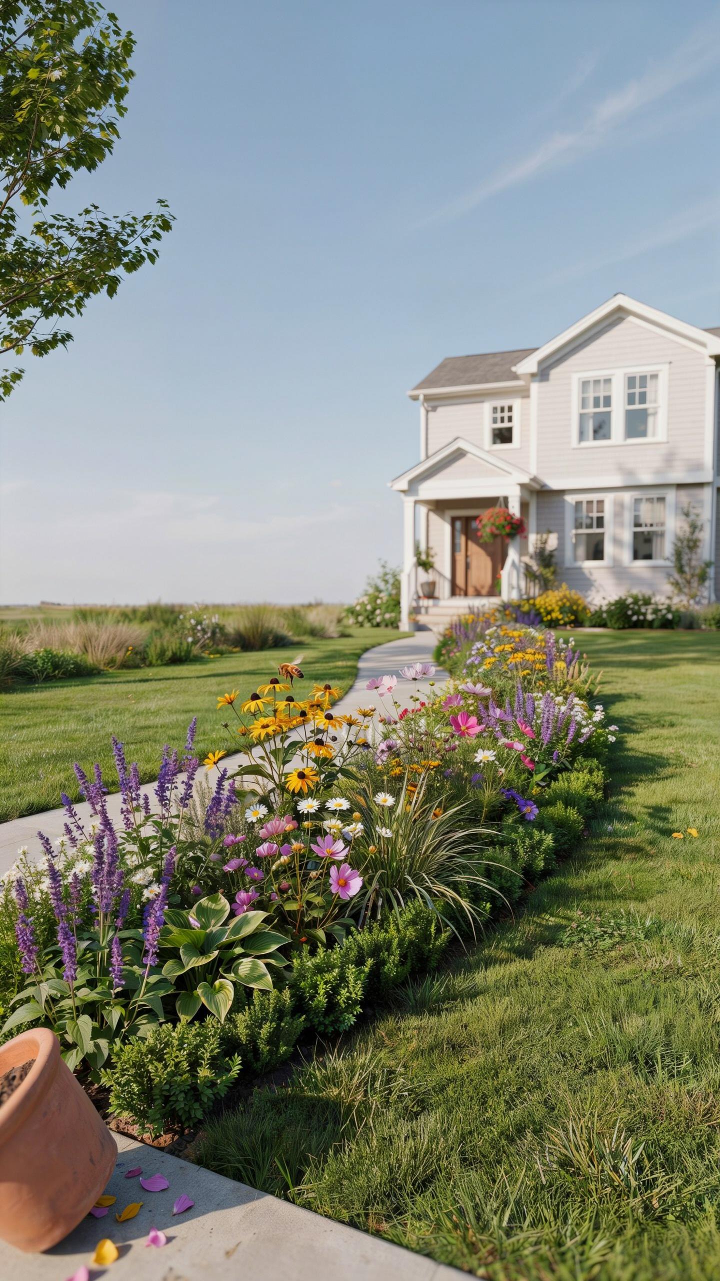 A light gray two-story house with a brown front door stands at the end of a winding concrete path, flanked by a vibrant, colorful flower bed with purp
