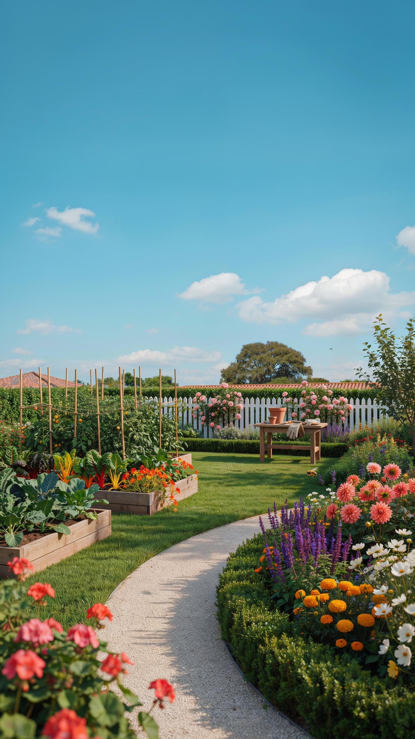 A curved white stone path winds through a vibrant, well-maintained garden with raised vegetable beds on the left and colorful flower borders on the ri