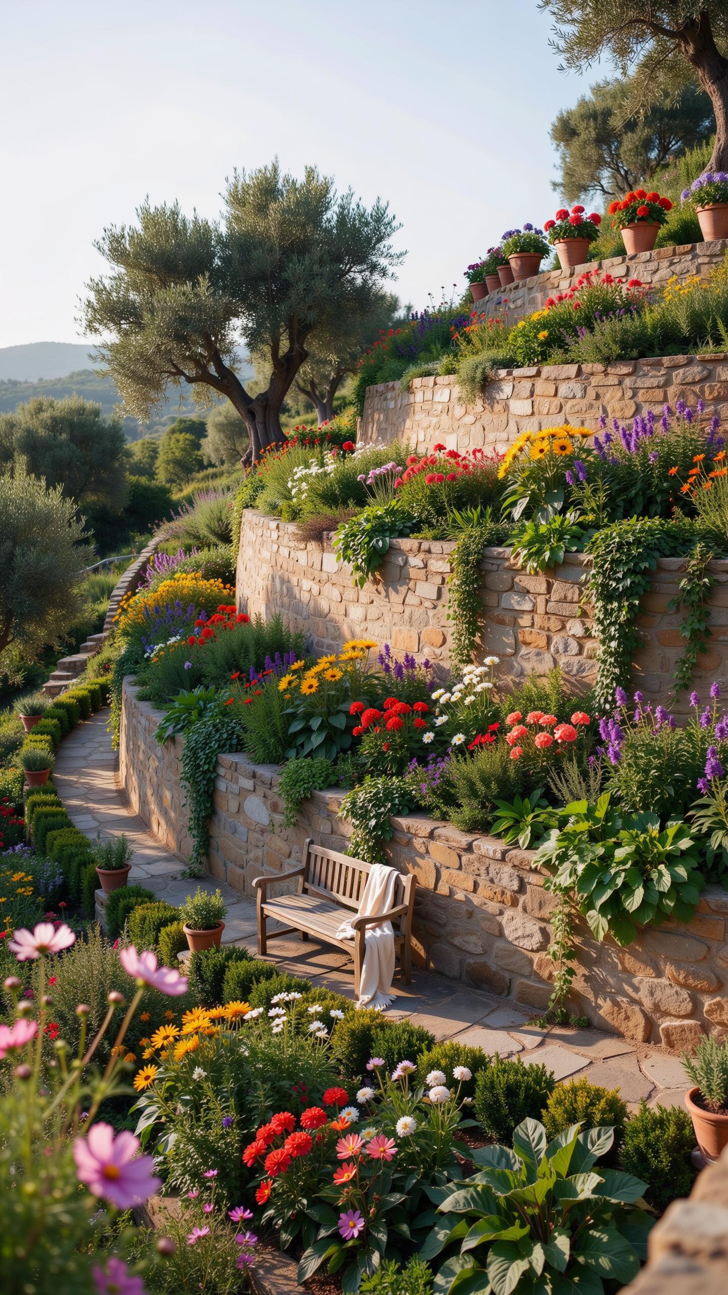 A beautiful terraced garden with stone walls features colorful flowers in bloom, winding stone paths, and a wooden bench nestled into one of the tiers