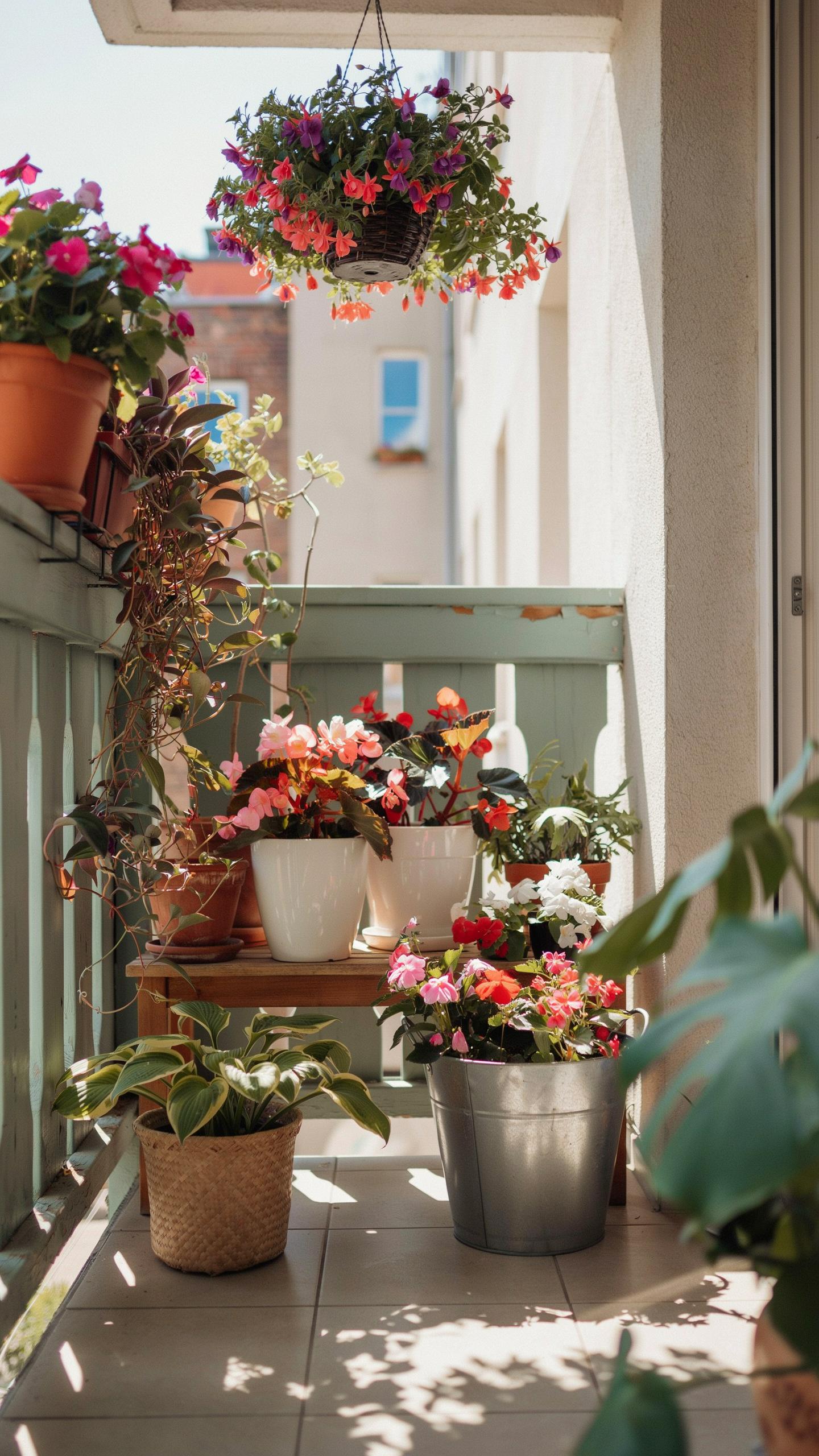 A narrow outdoor balcony is adorned with numerous potted plants and hanging flower baskets under bright sunlight, with a light-colored building visibl