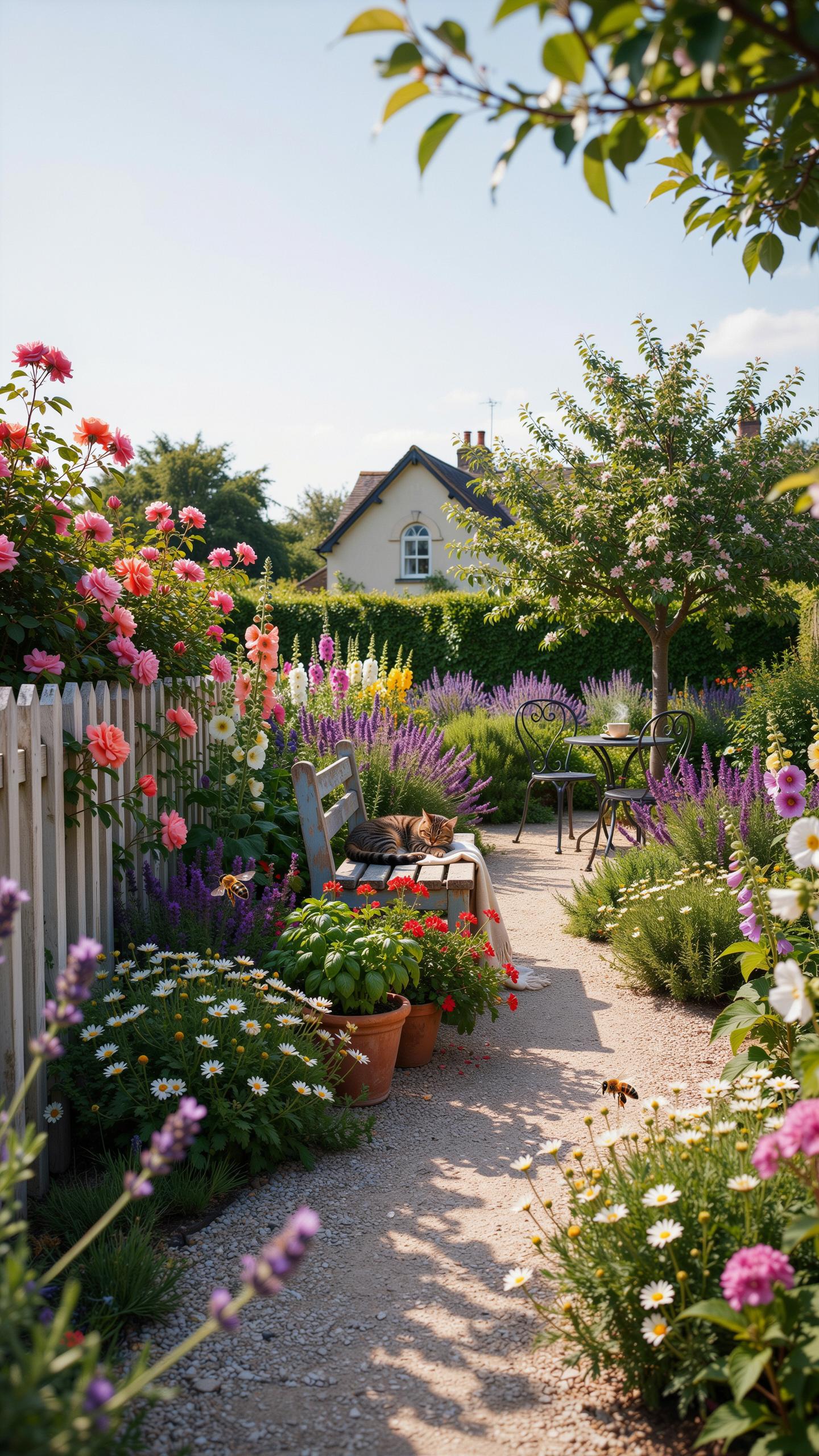 A narrow, light-colored gravel path winds through a vibrant, sunlit cottage garden filled with various colorful flowers, leading towards a small white