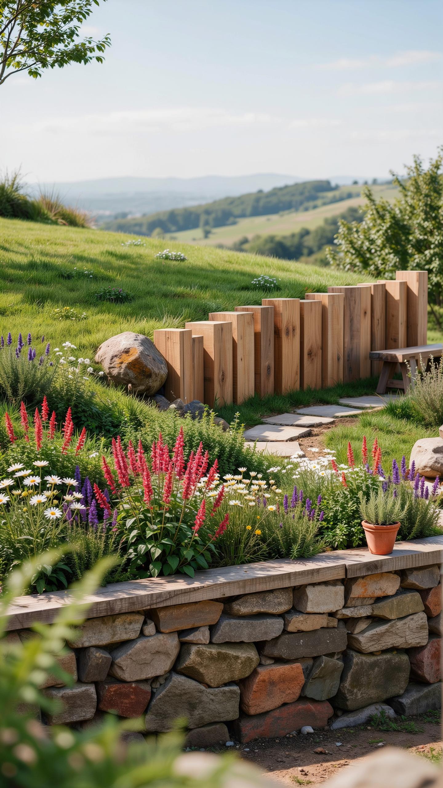 A beautiful terraced garden with colorful flowers in bloom, a natural stone wall in the foreground, and a wooden retaining wall leading to a stone pat