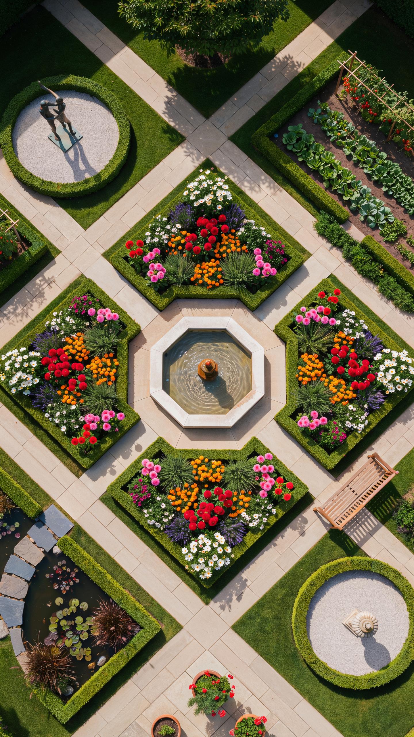 An aerial view shows a formal garden with geometric patterns, including a central octagonal fountain surrounded by four diamond-shaped flower beds fil