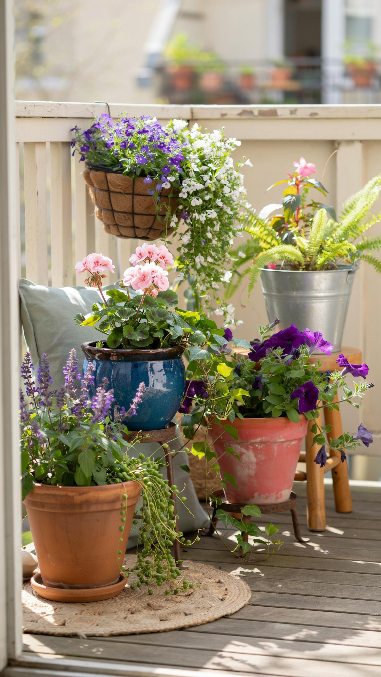 A narrow balcony is adorned with numerous potted plants and hanging baskets, featuring a variety of colorful flowers and green foliage, against a whit