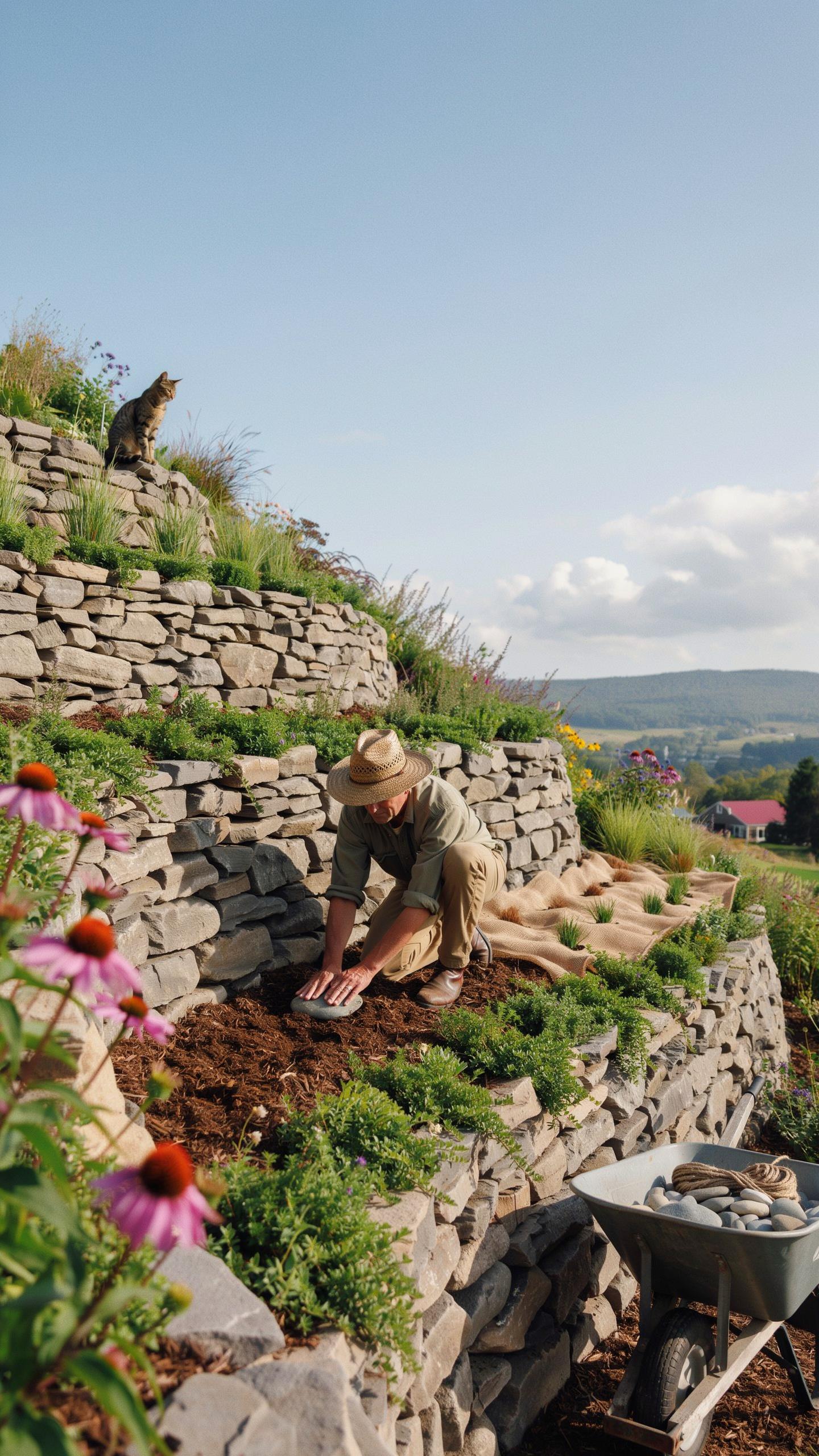 A person in a straw hat and earth-toned clothes kneels to plant something in a terraced stone garden on a sunny day, with a cat perched on the highest