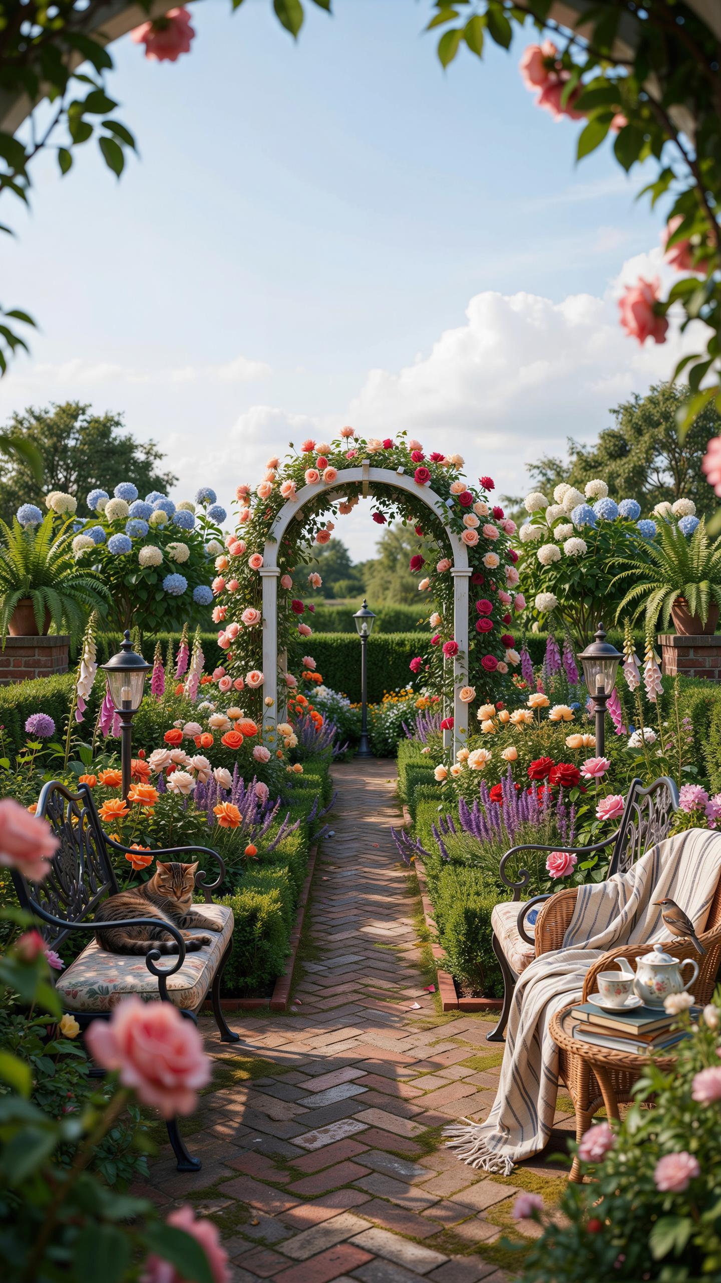 A beautiful, sunlit formal garden path is flanked by lush flower beds and ornate benches, leading to a white archway covered in colorful climbing rose