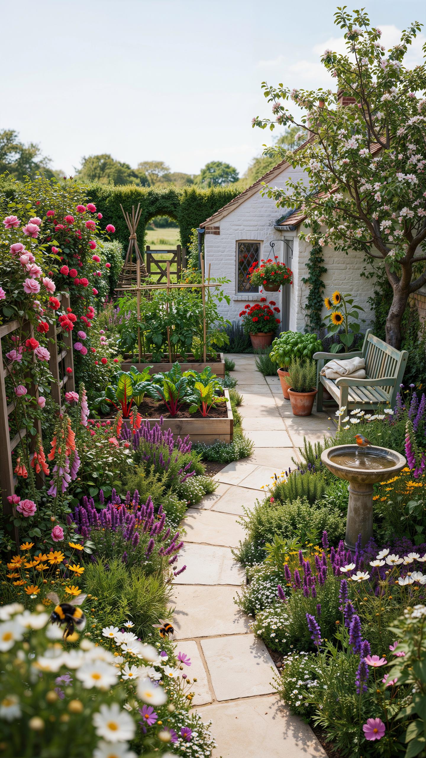 A stone pathway winds through a vibrant cottage garden filled with colorful flowers, raised vegetable beds, and potted plants, leading towards a small