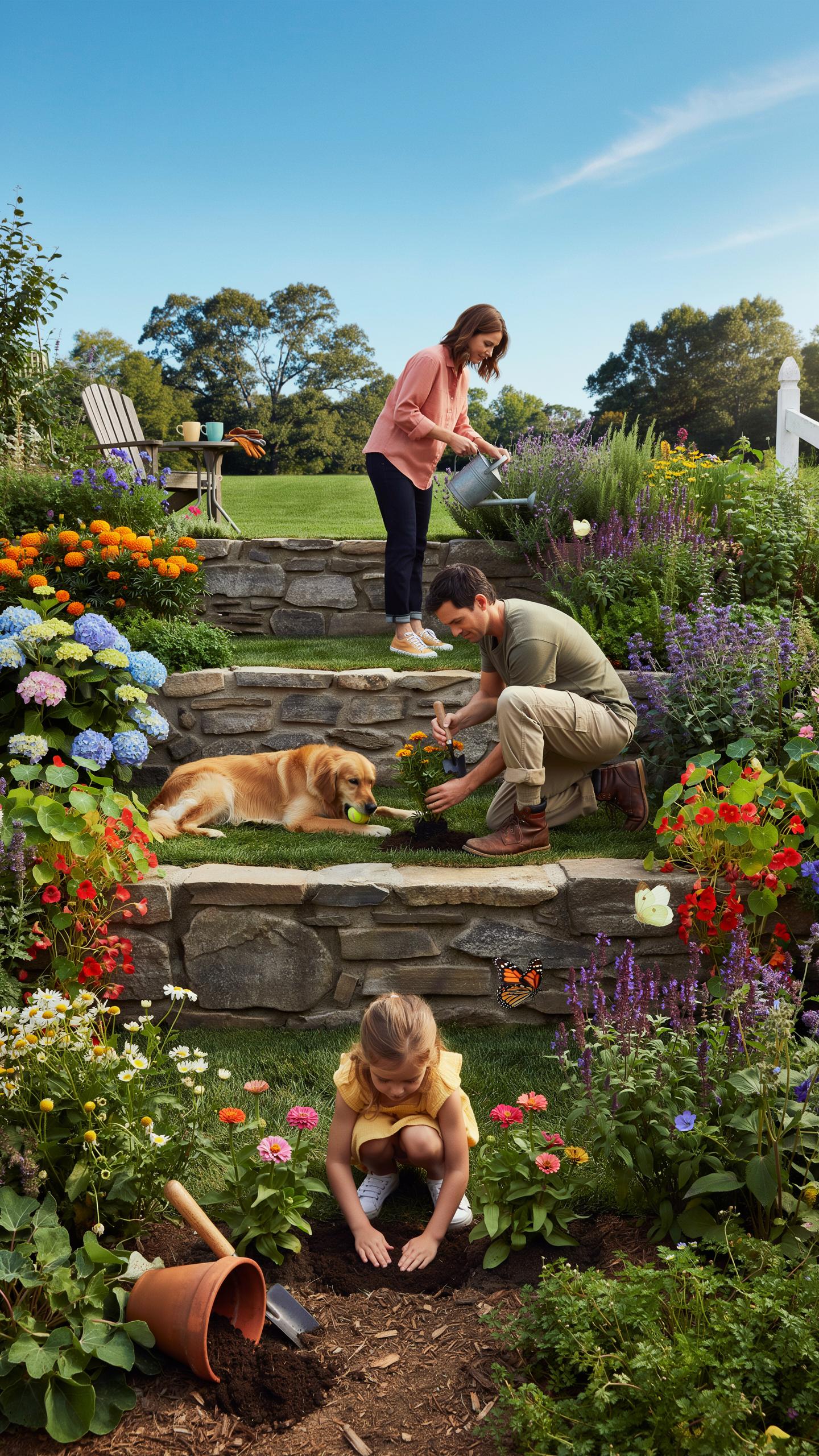 A family of three and their golden retriever are gardening on terraced stone steps filled with colorful flowers under a bright blue sky.