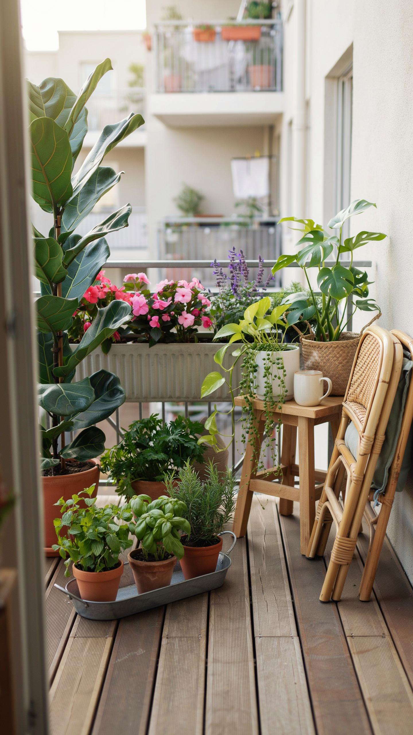 A narrow apartment balcony is adorned with numerous potted plants and flowers, featuring wooden flooring, a small wooden stool with a mug, and folded