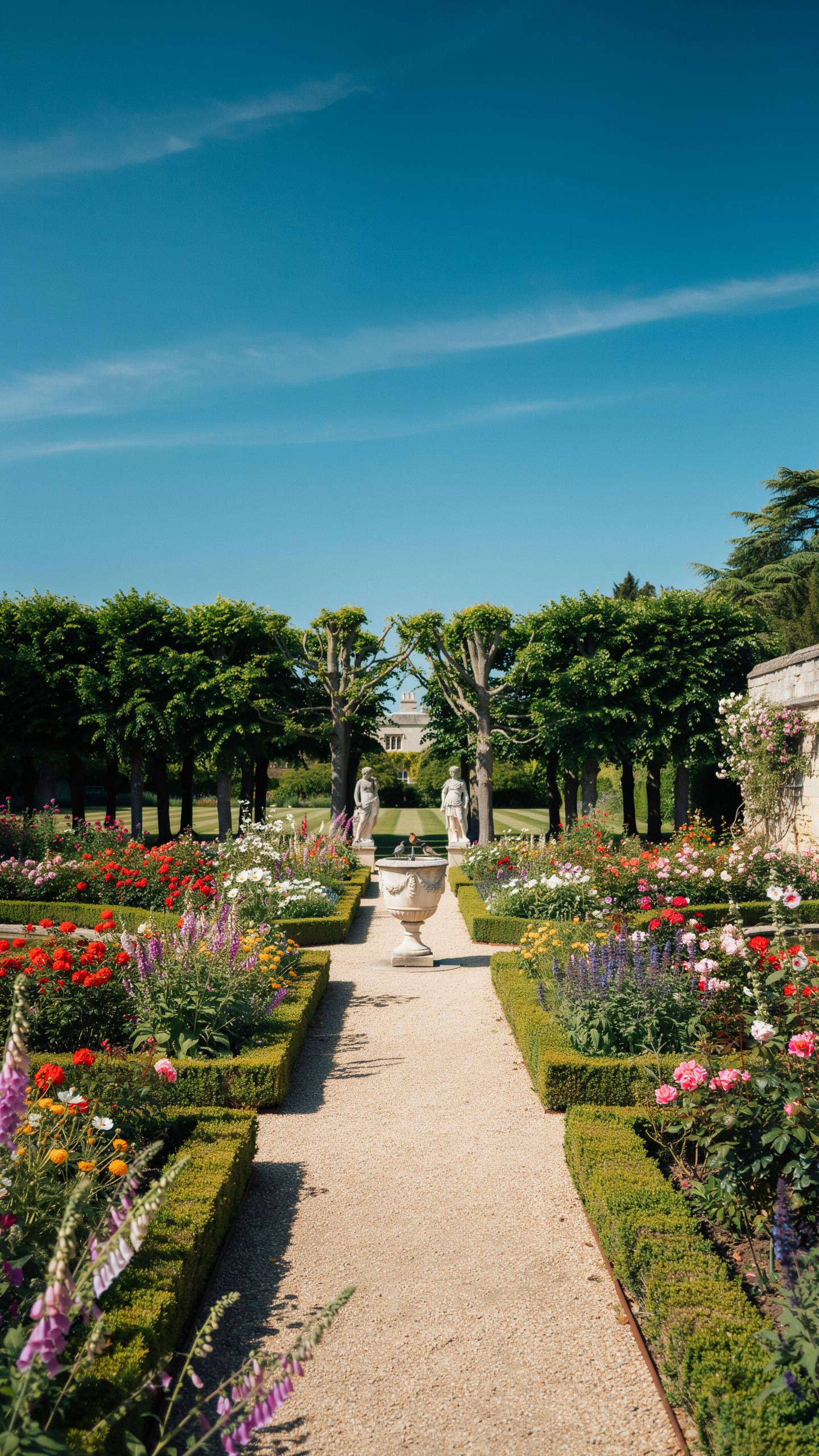 A long, straight gravel path leads through a formal garden filled with colorful flowers and neatly trimmed green hedges under a clear blue sky, with t