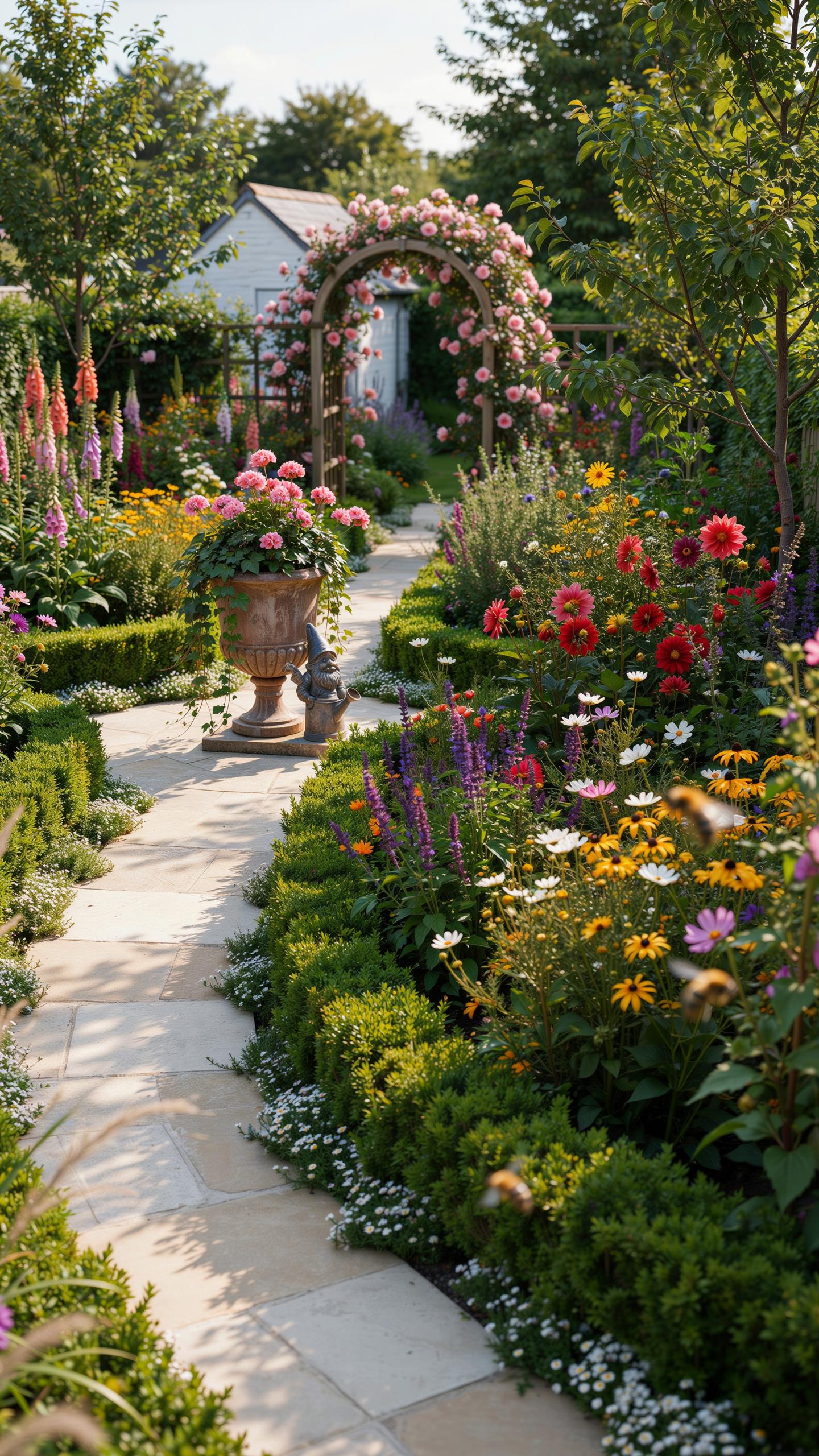 A winding stone pathway curves through a lush, vibrant English garden filled with various colorful flowers, green hedges, and an ornate urn, leading t