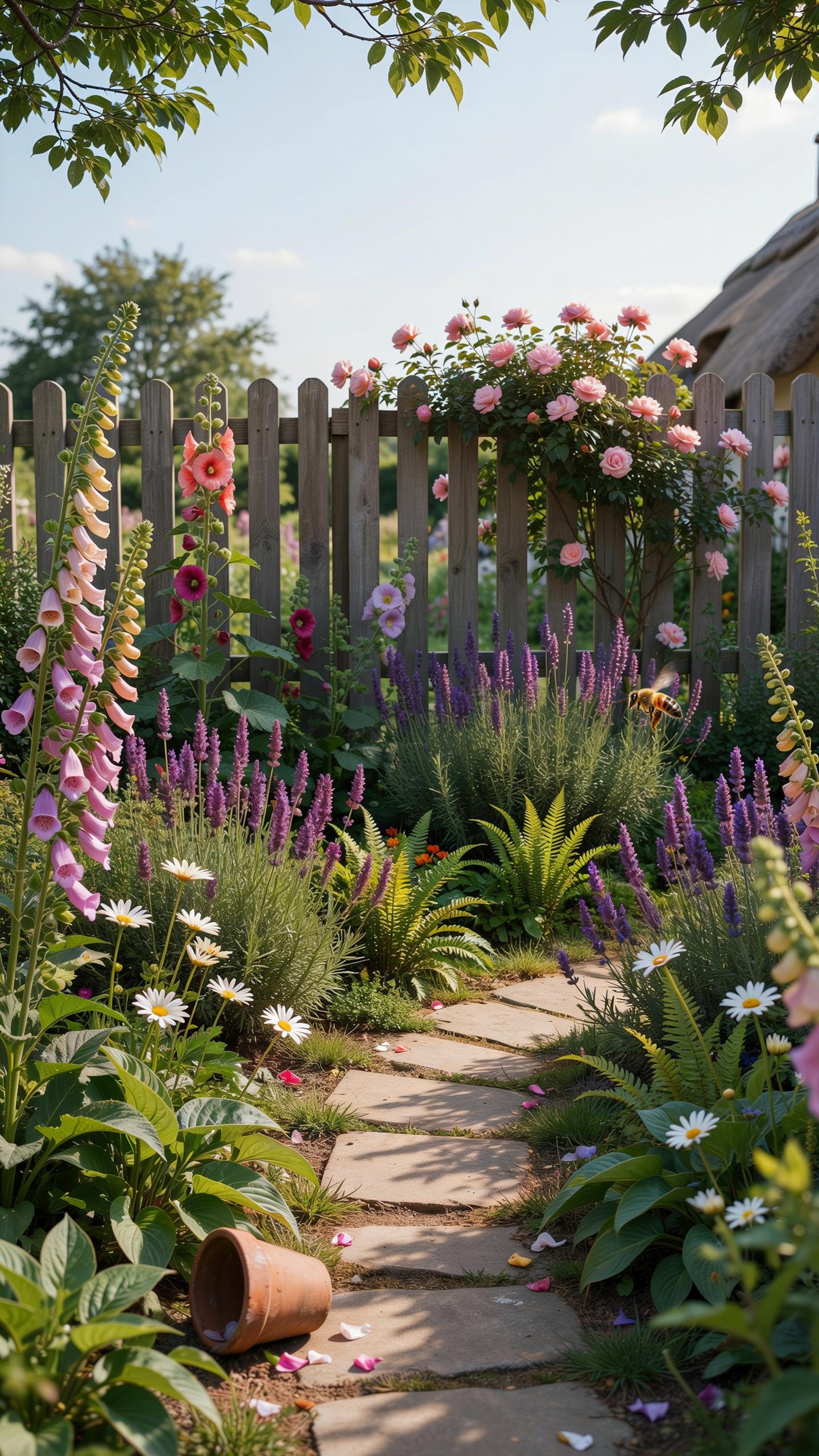 A stone path winds through a vibrant, sunlit cottage garden filled with various blooming flowers, leading towards a wooden fence and a thatched-roof h