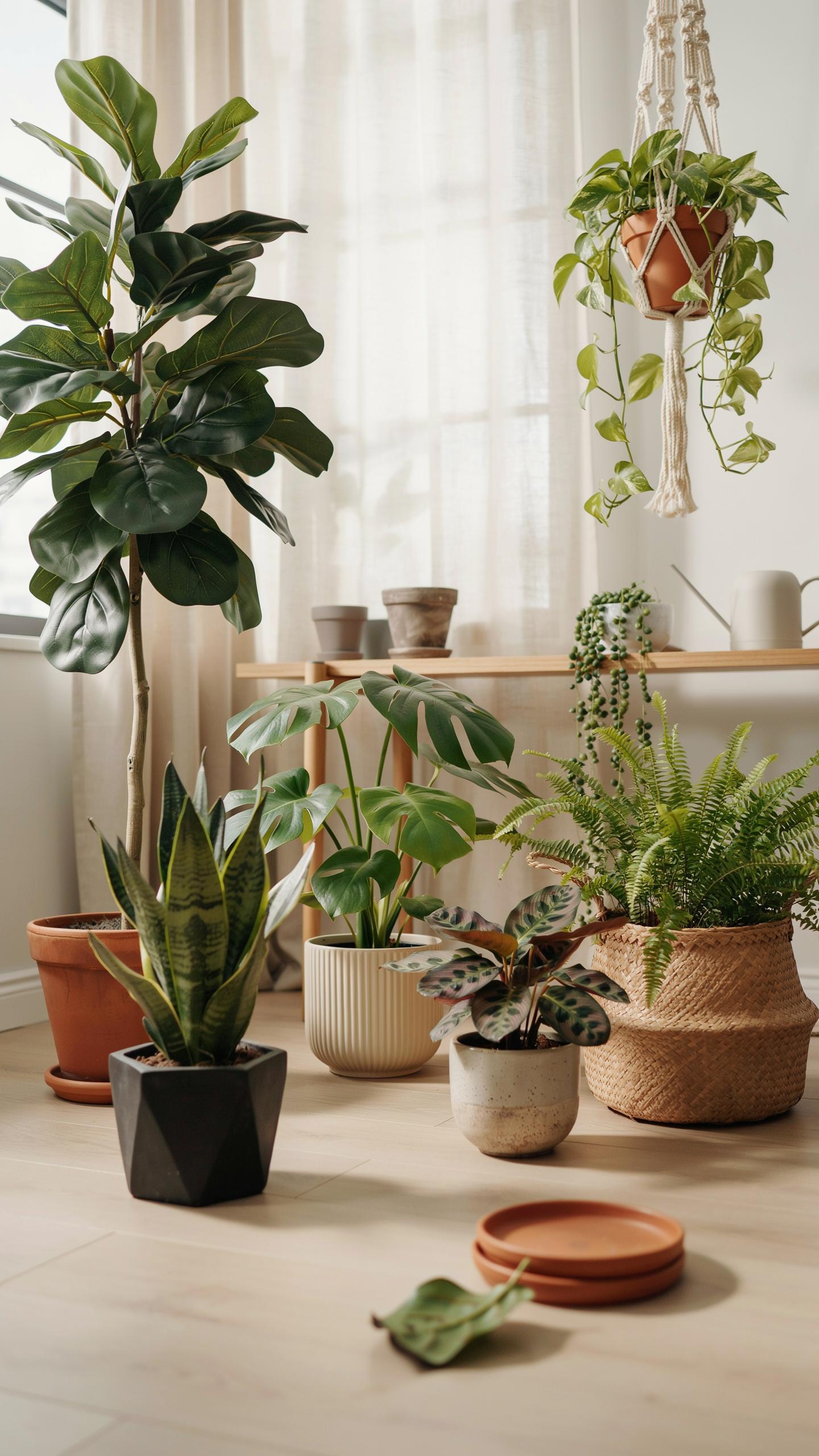 A variety of potted houseplants in a well-lit room, including a tall fiddle leaf fig, a snake plant in a black geometric pot, a monstera, a small patt