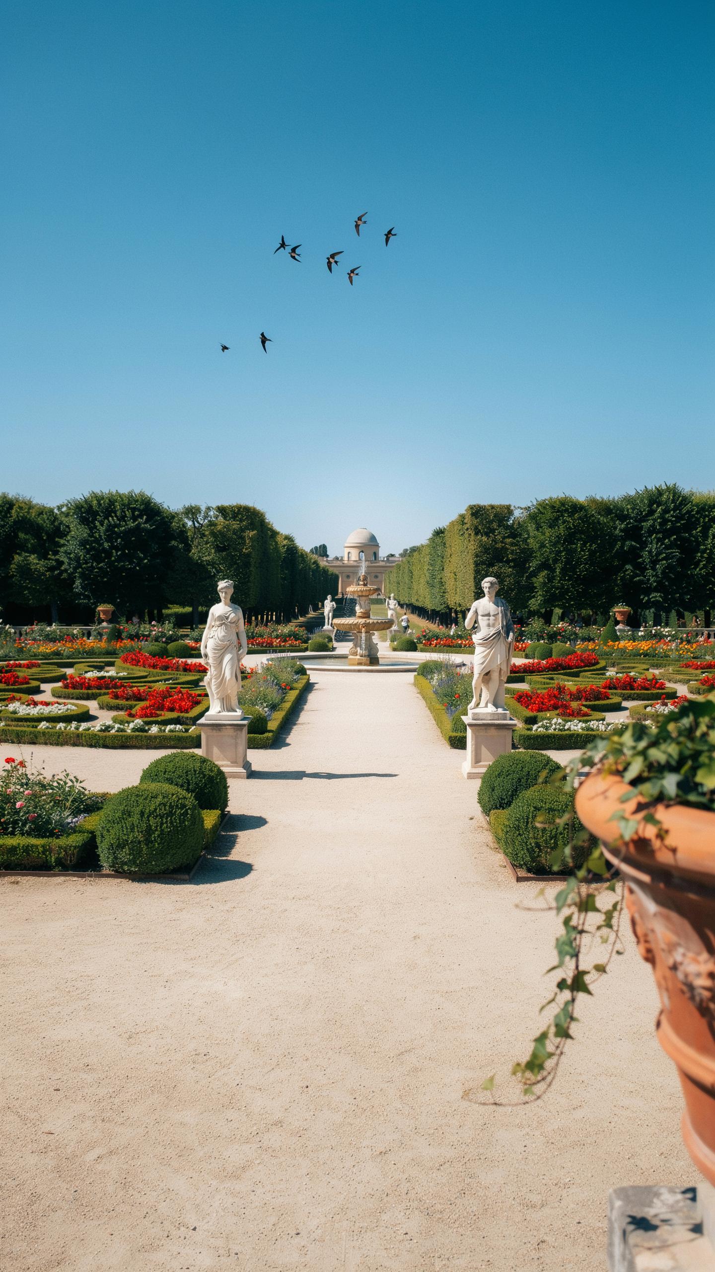 A symmetrical garden features a central dirt path lined with low green bushes and white classical statues, leading to a fountain and a distant green h