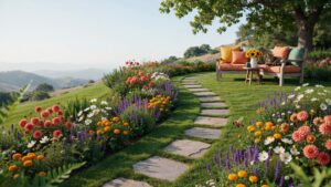 A winding stone path leads through a vibrant garden filled with colorful flowers, up a grassy hill towards a wooden bench with orange and yellow cushi