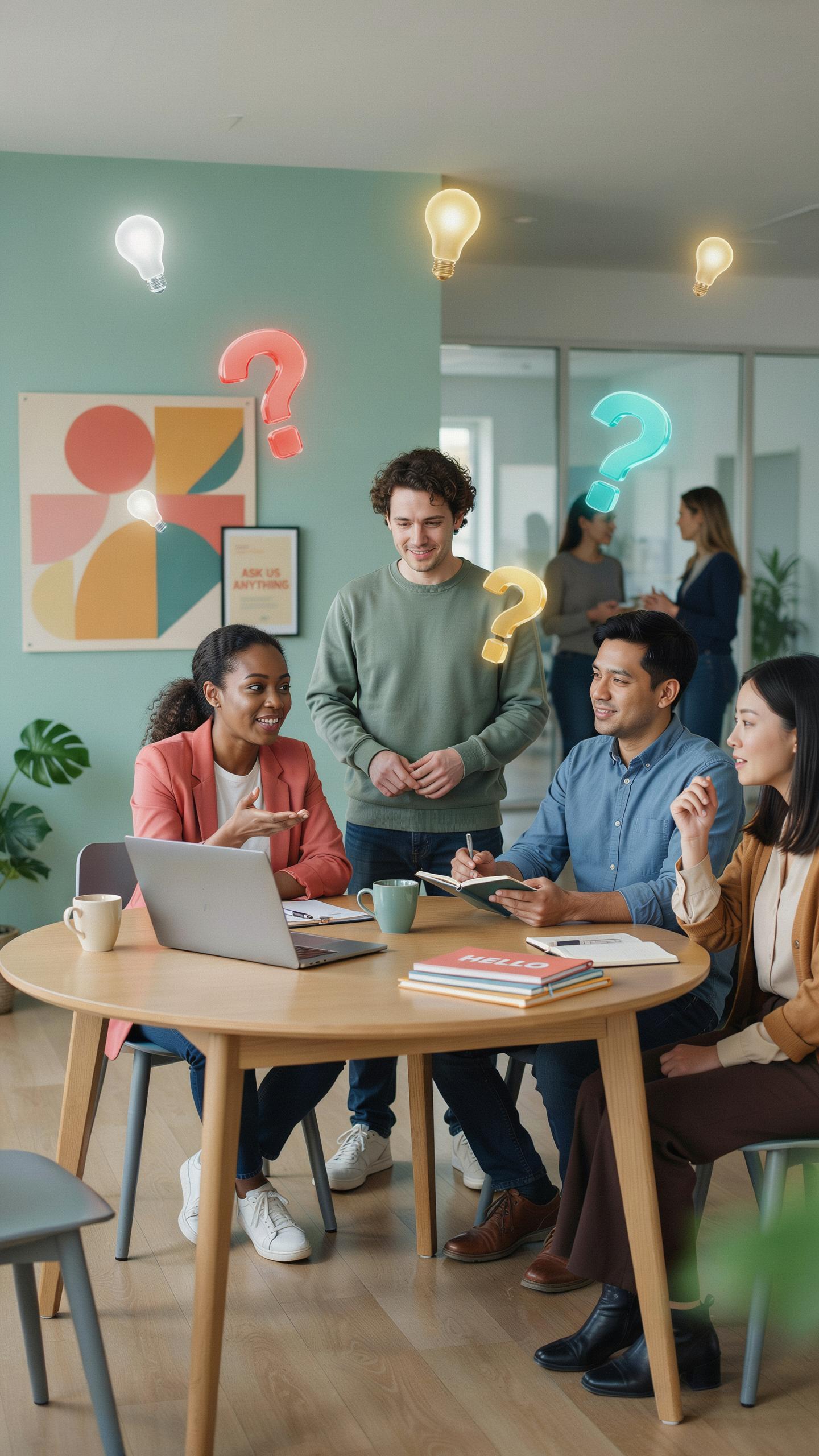 Five diverse young adults are gathered around a round wooden table in a brightly lit modern office, with glowing lightbulb and question mark icons dig