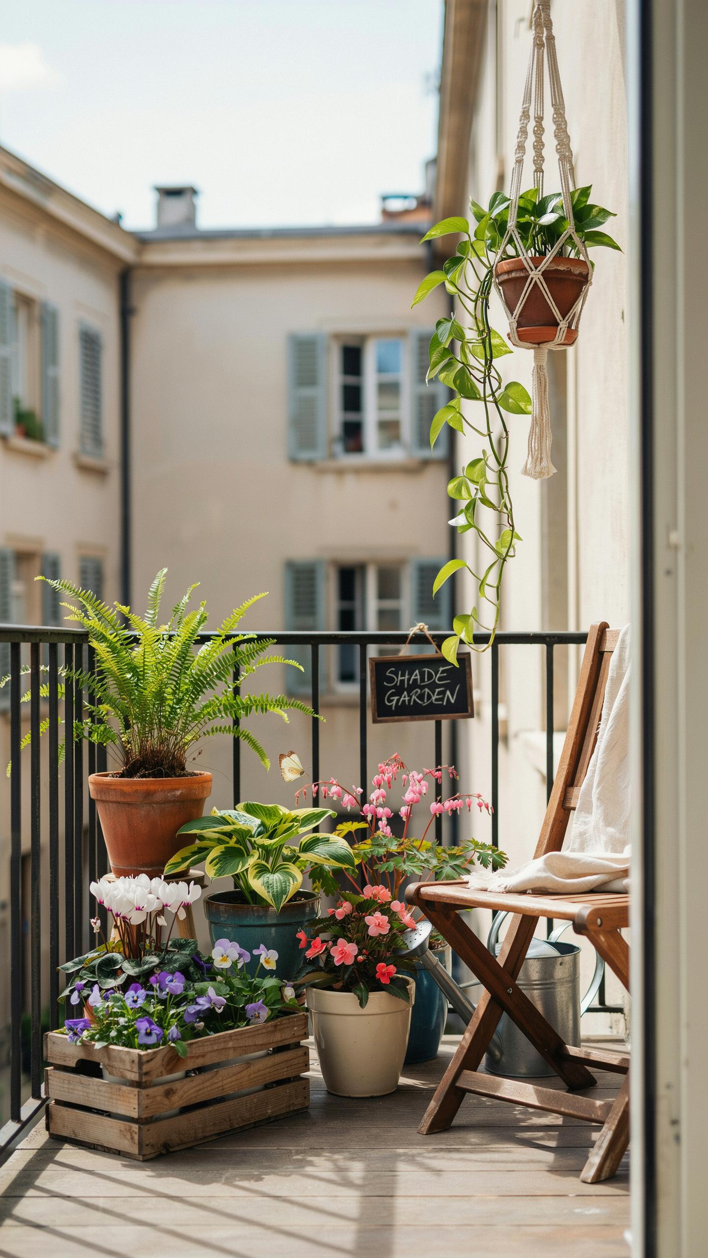A cozy, sunlit balcony is adorned with various potted plants, a wooden folding chair, and a hanging planter, overlooking a courtyard with light-colore