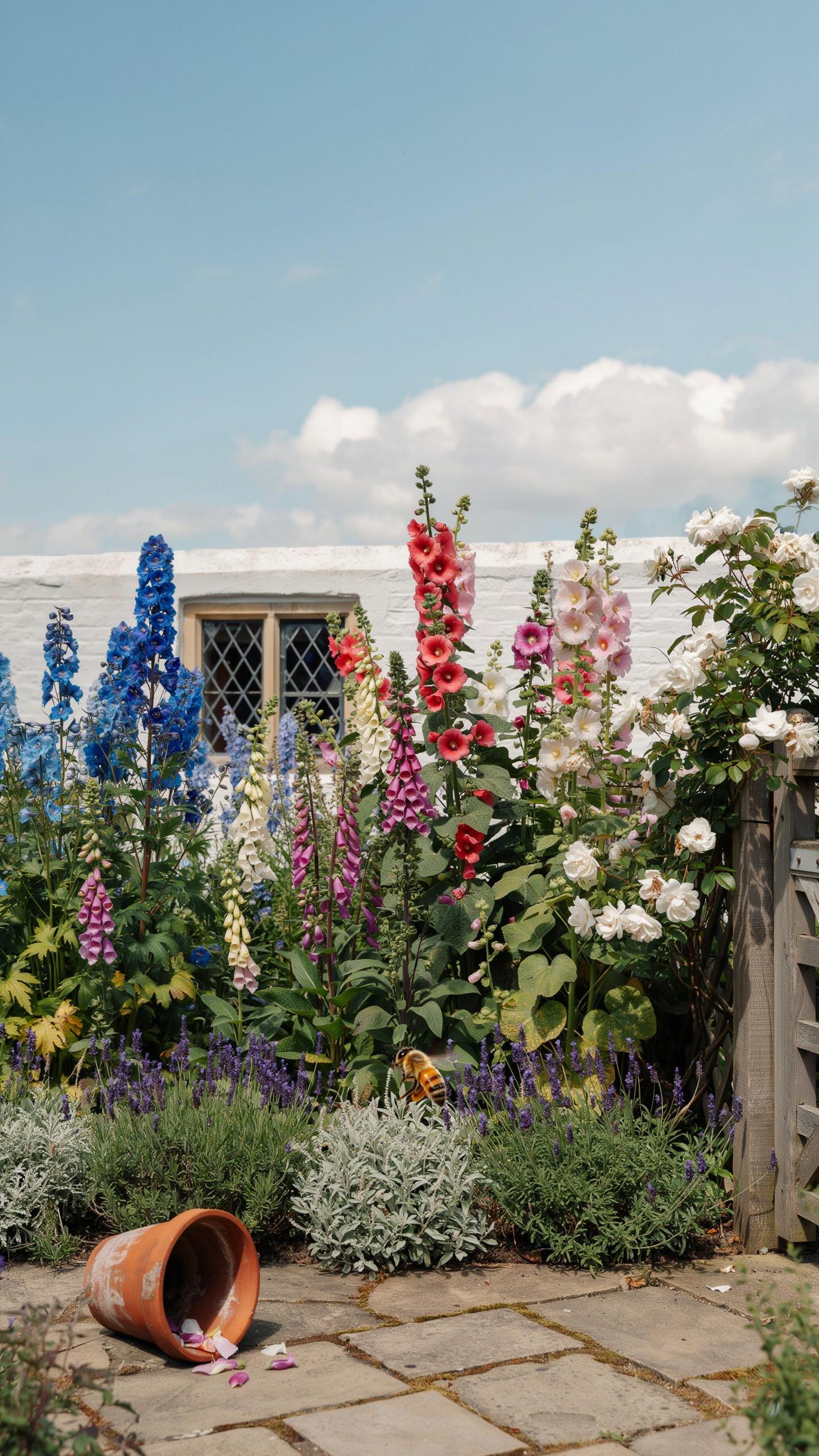 A lush, colorful garden with tall red, pink, and blue hollyhocks and white roses growing against a white building with a lattice window, with an overt