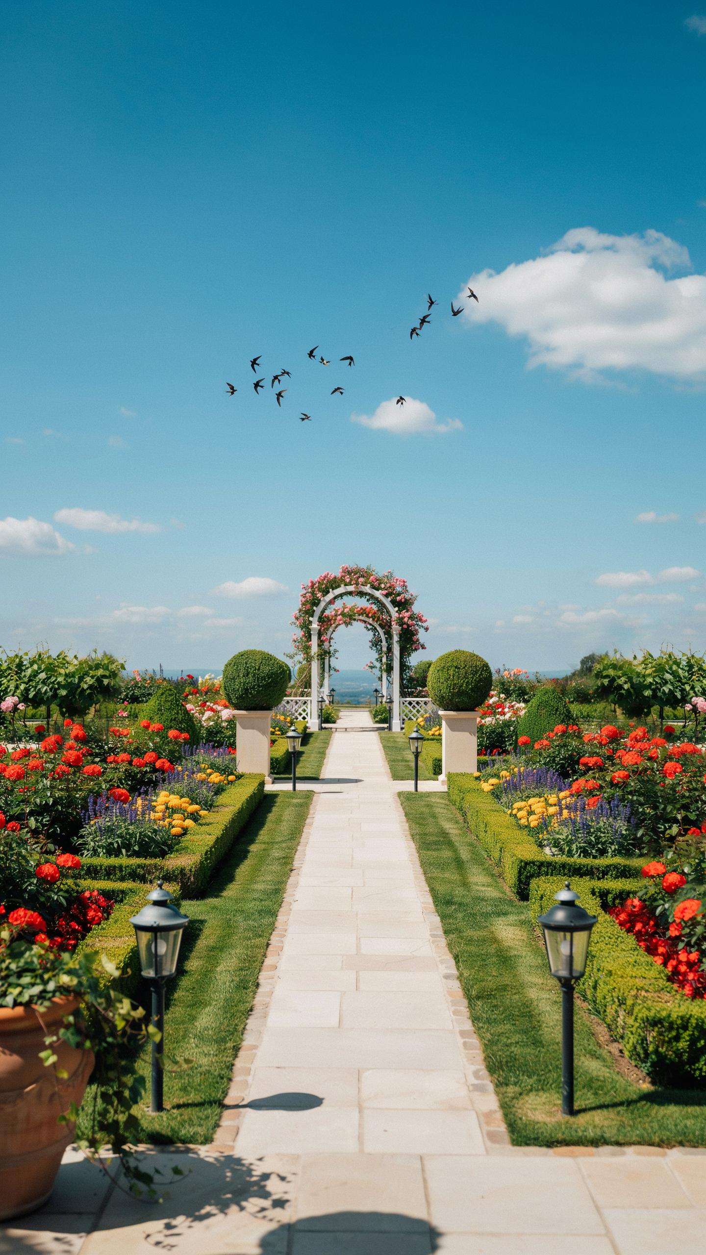 A formal garden pathway made of light-colored stone slabs leads through manicured green lawns and hedges, flanked by rows of vibrant red and orange ro