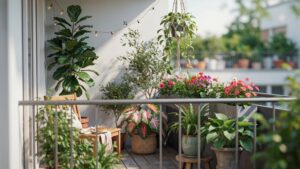 A sun-drenched balcony is filled with a variety of green potted plants, colorful flowers in planter boxes, and a string of decorative lights, with a s