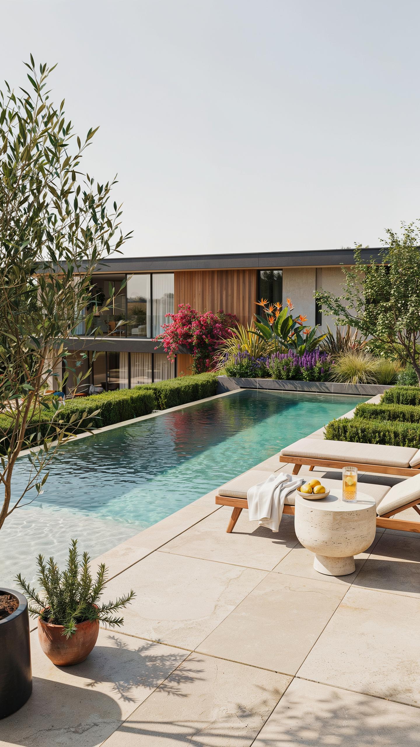 A modern outdoor living space features a rectangular swimming pool with clear blue water, flanked by light-colored stone paving and lush green landsca