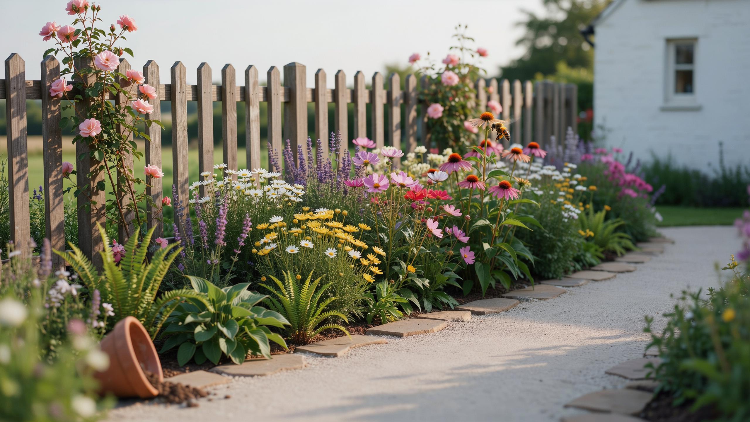 A vibrant cottage garden featuring a variety of colorful flowers and green plants lining a wooden picket fence, with a light-colored gravel path in th