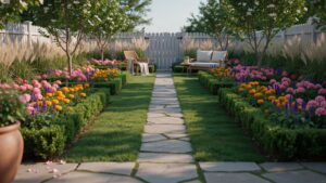 A symmetrical garden features a stone pathway running through a lush green lawn, flanked on both sides by rows of colorful flowers including pink, ora